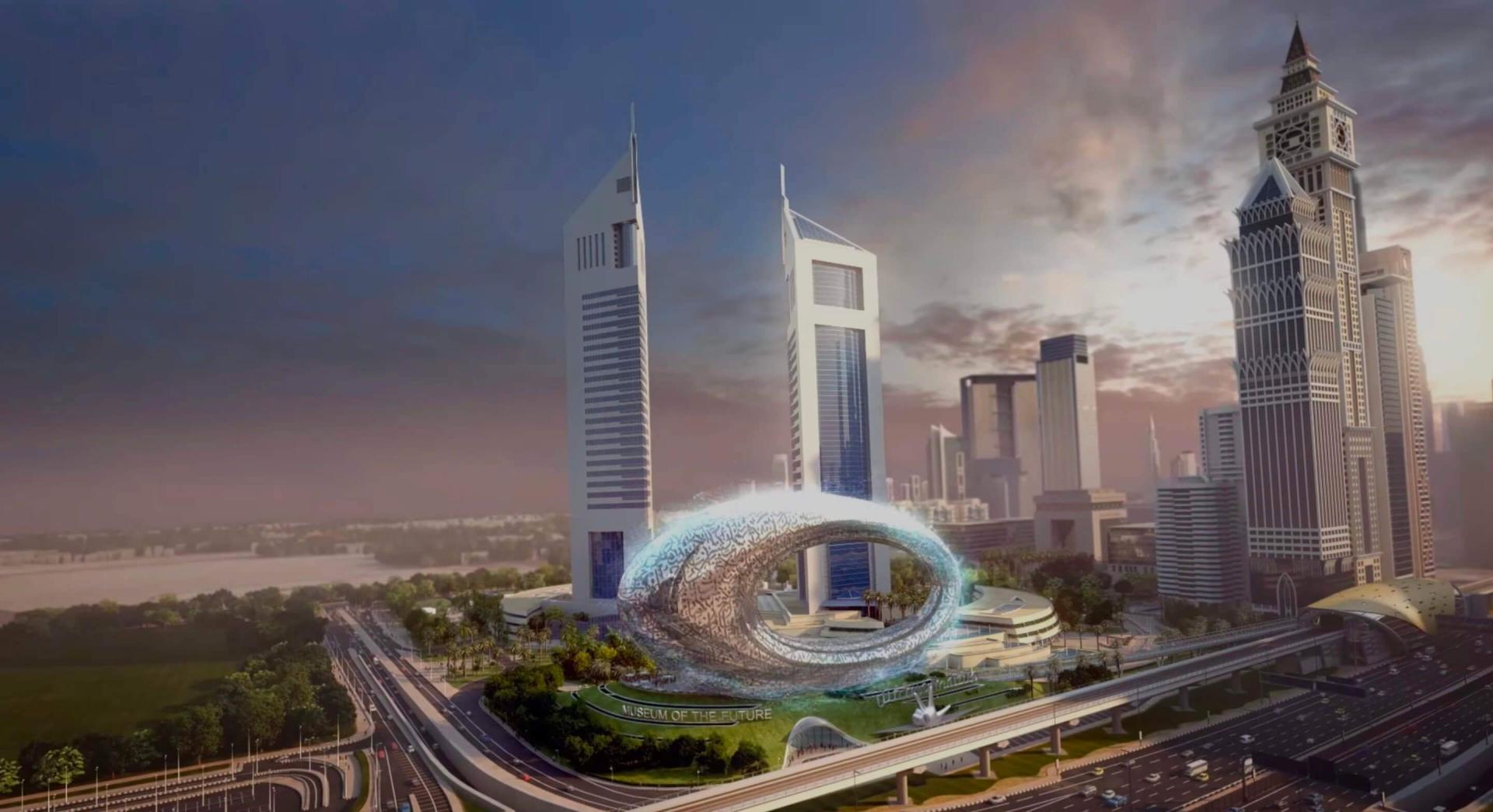 Modern architectural design featuring the Museum of the Future, surrounded by Dubai's skyline and lush green spaces.