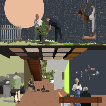 Illustration depicting diverse individuals engaging in gardening and social activities in a modern co-living space design.