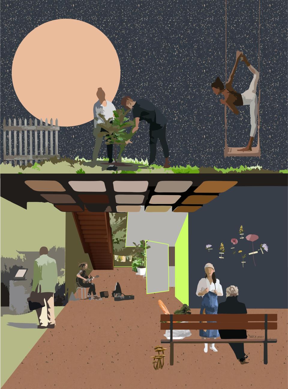 Illustration depicting diverse individuals engaging in gardening and social activities in a modern co-living space design.