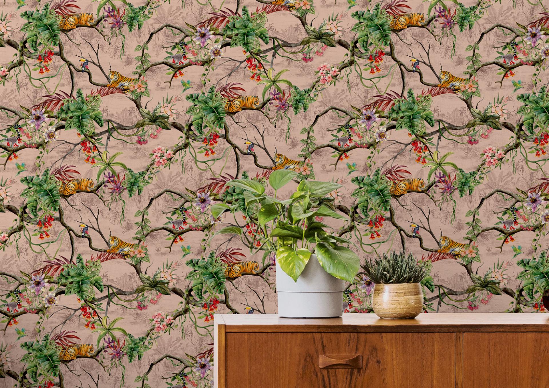 Vibrant wallcovering featuring tropical flora and fauna, showcasing Muraspec's Panthera design within a stylish interior setting.