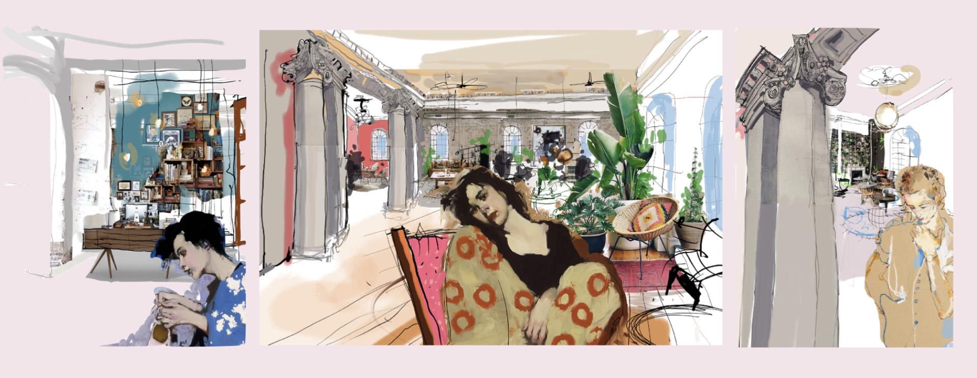 Creative illustrations of vibrant community spaces, showcasing engaging designs by Jon Humphreys and Atul Bansal at Sheila Bird.