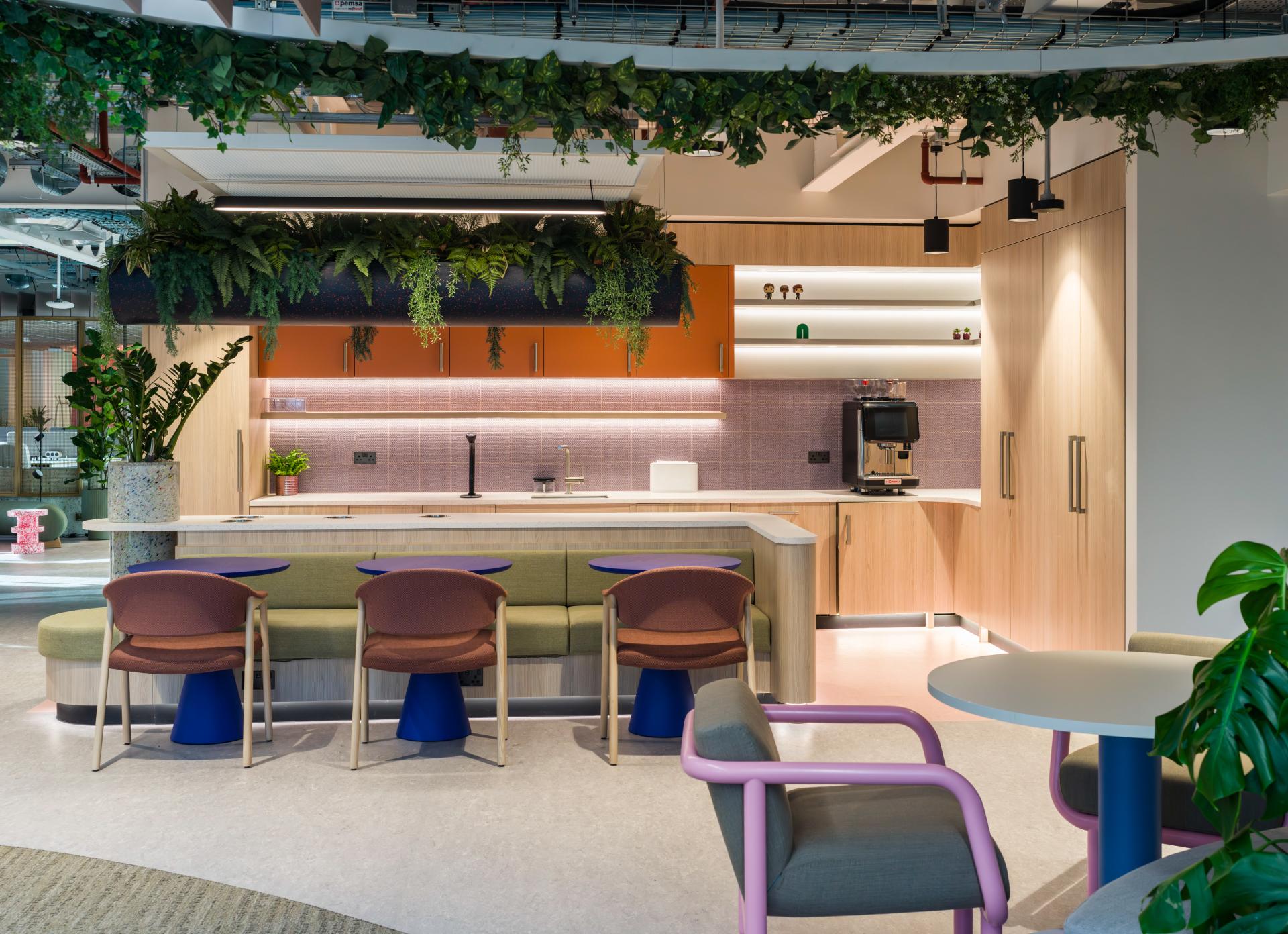 SpaceInvader's workplace scheme for Virgin Media O2 balances vibrancy with variety to support congregation and calm.