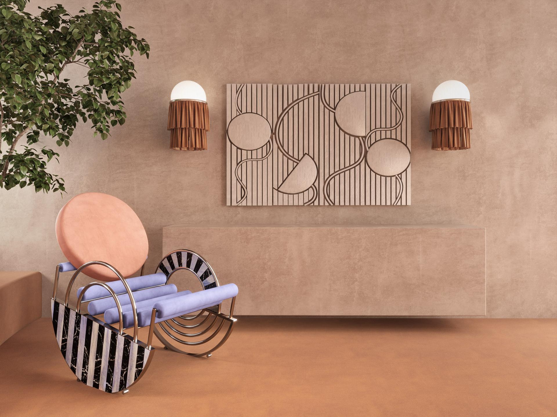 Unique modern chair design featuring pastel colors, complemented by abstract wall art and stylish lighting in a serene setting.