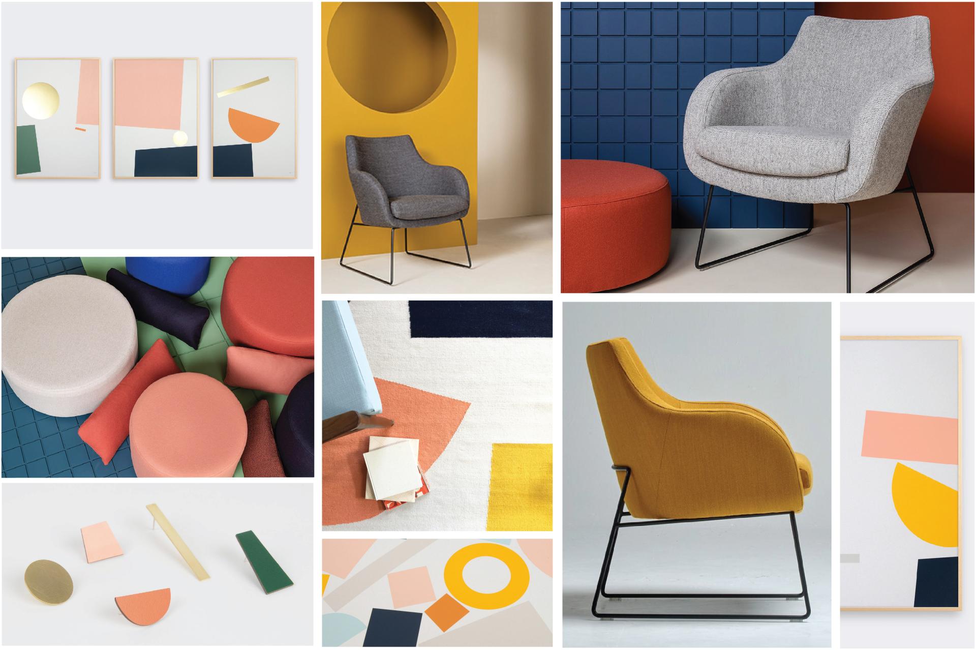 Collage of modernist furniture and geometric designs, featuring colorful upholstery and decorative elements from Tom Pigeon studio.
