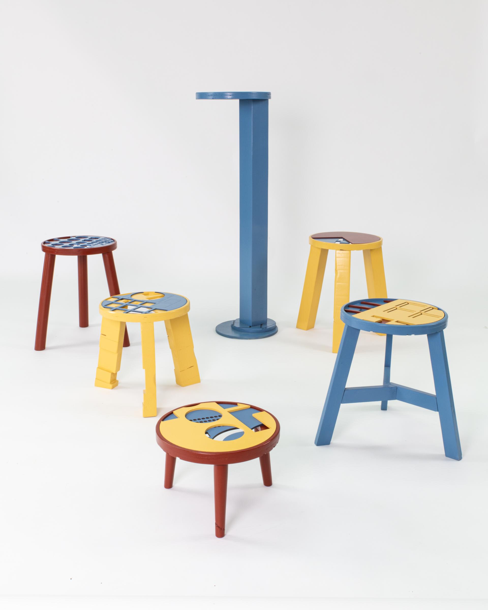 Colorful, playful stools designed by Ewan Crallan, showcasing creative craftsmanship and modern aesthetics in furniture design.