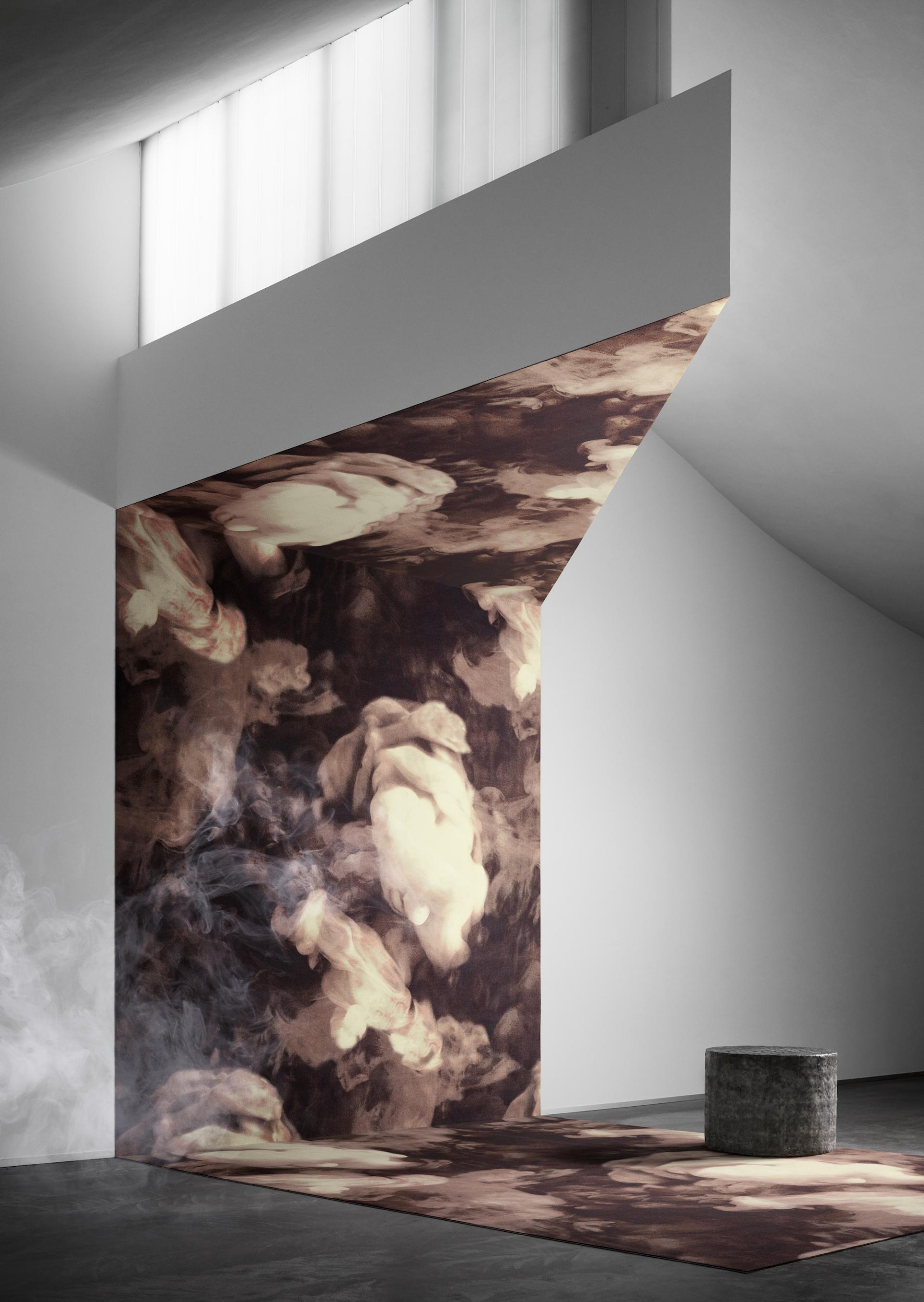 Artfully designed EGE Carpet featuring Tom Dixon's Industrial Landscape collection, showcasing abstract patterns against a modern architectural backdrop.