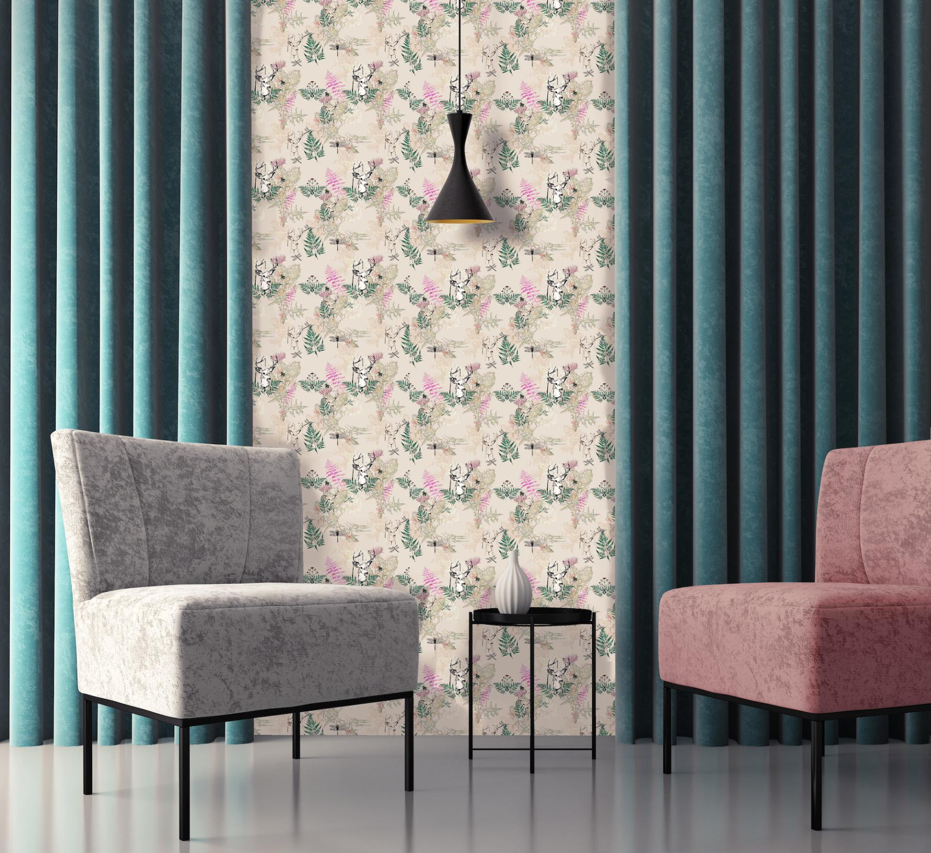 Stylish living space featuring floral wallpaper, modern velvet curtains, and contemporary accent chairs. Ideal for interior design inspiration.