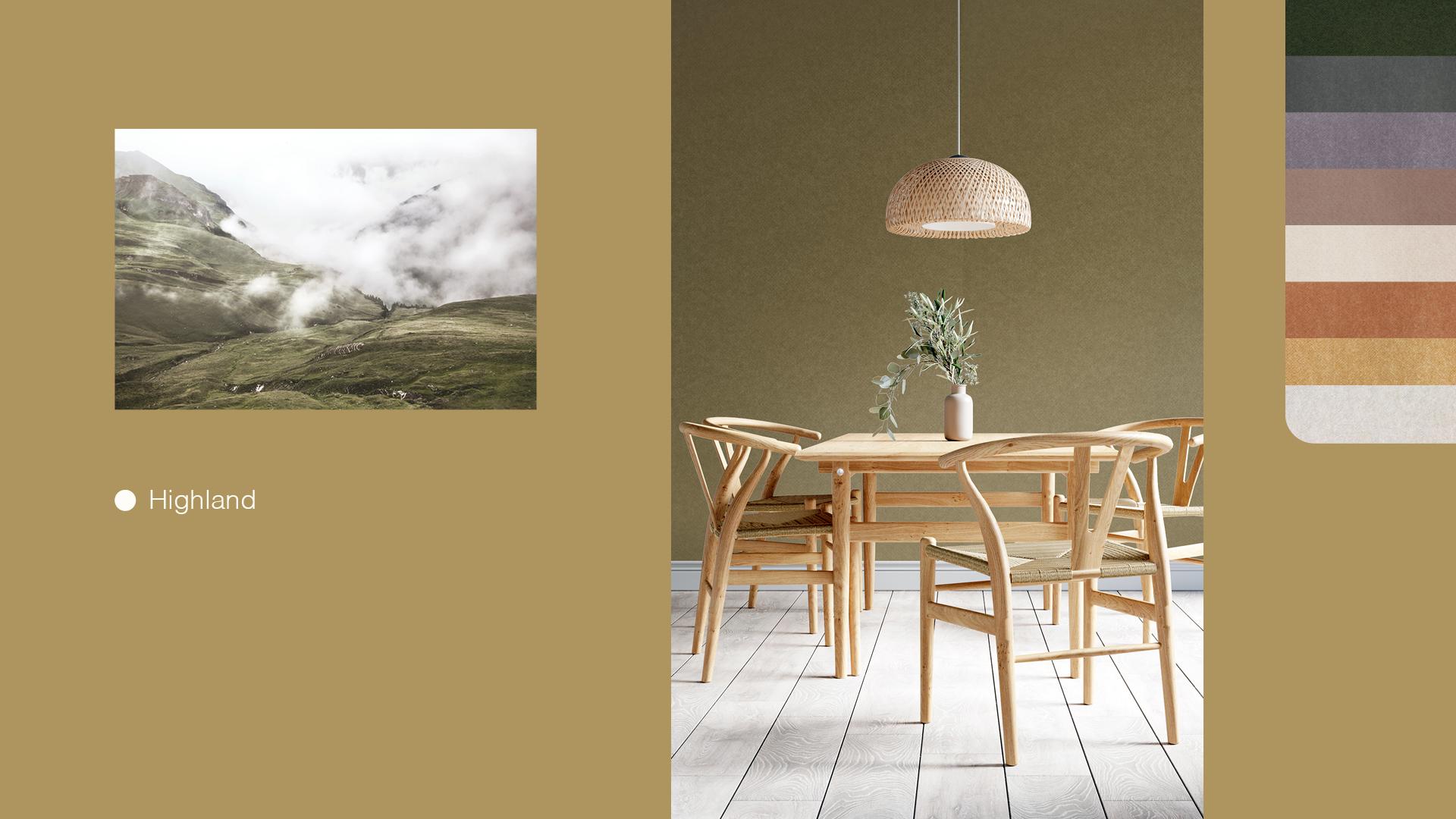 Natural landscape inspiration features in Autex's new colour palette, including ‘Highland’ showcased in a modern dining space.
