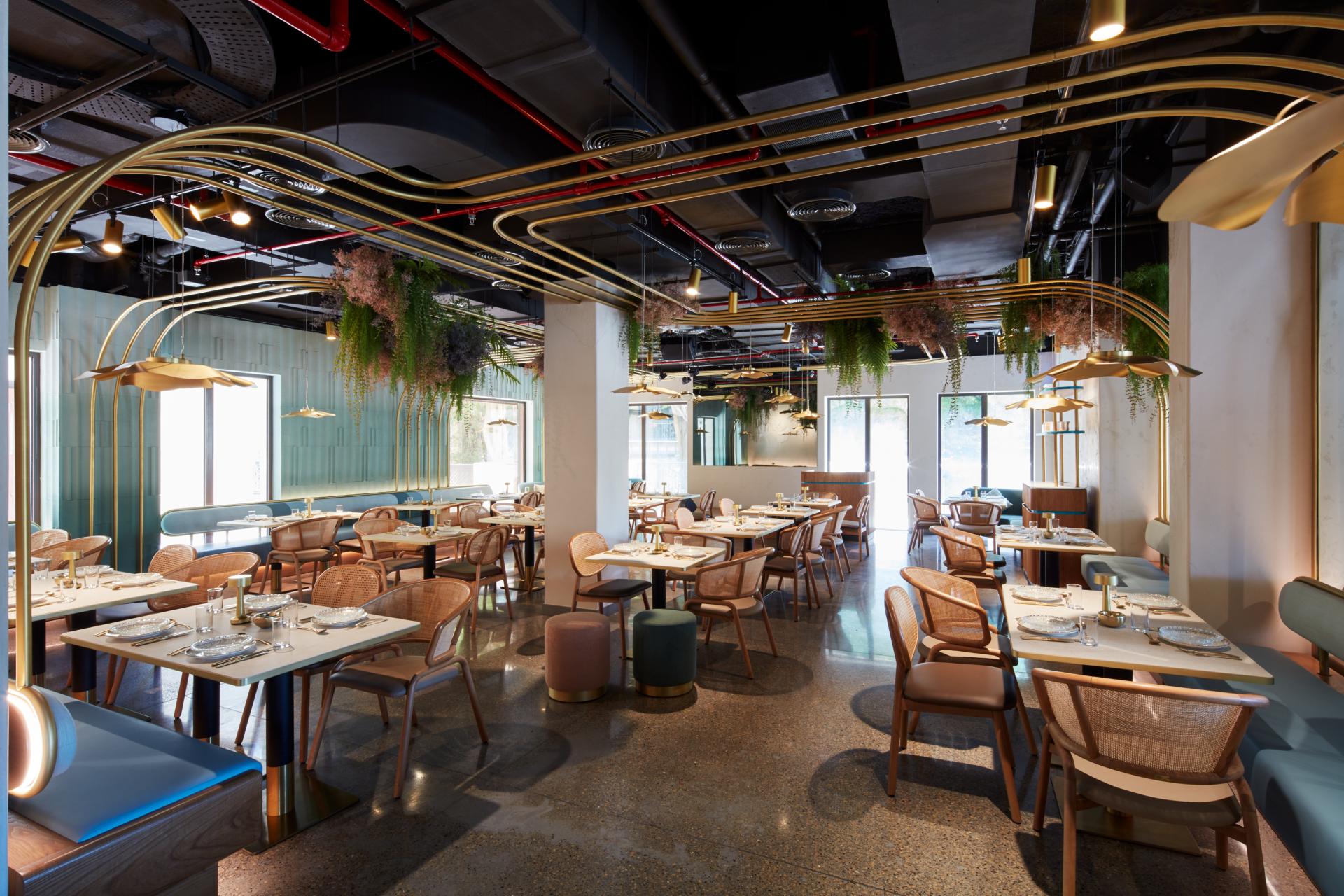 Contemporary interior design of Mezza House restaurant in Dubai featuring elegant furnishings and stylish decor elements.