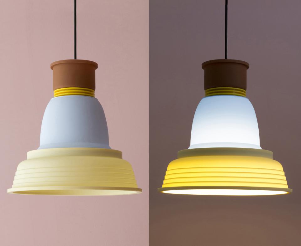 Colorful SowdenLight lamps from the SHADES collection, showcasing unique design and versatile configurations against pastel backgrounds.