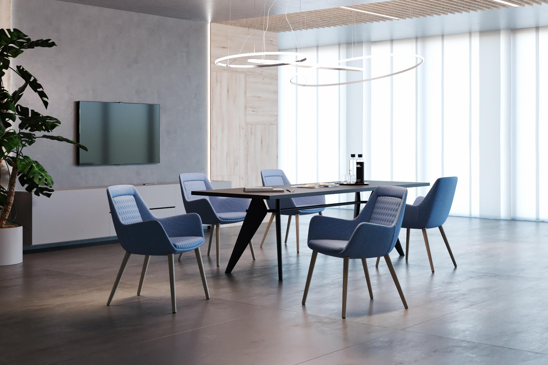 Stylish Klyro collection chairs surround a modern conference table in an elegant office setting with soft lighting.