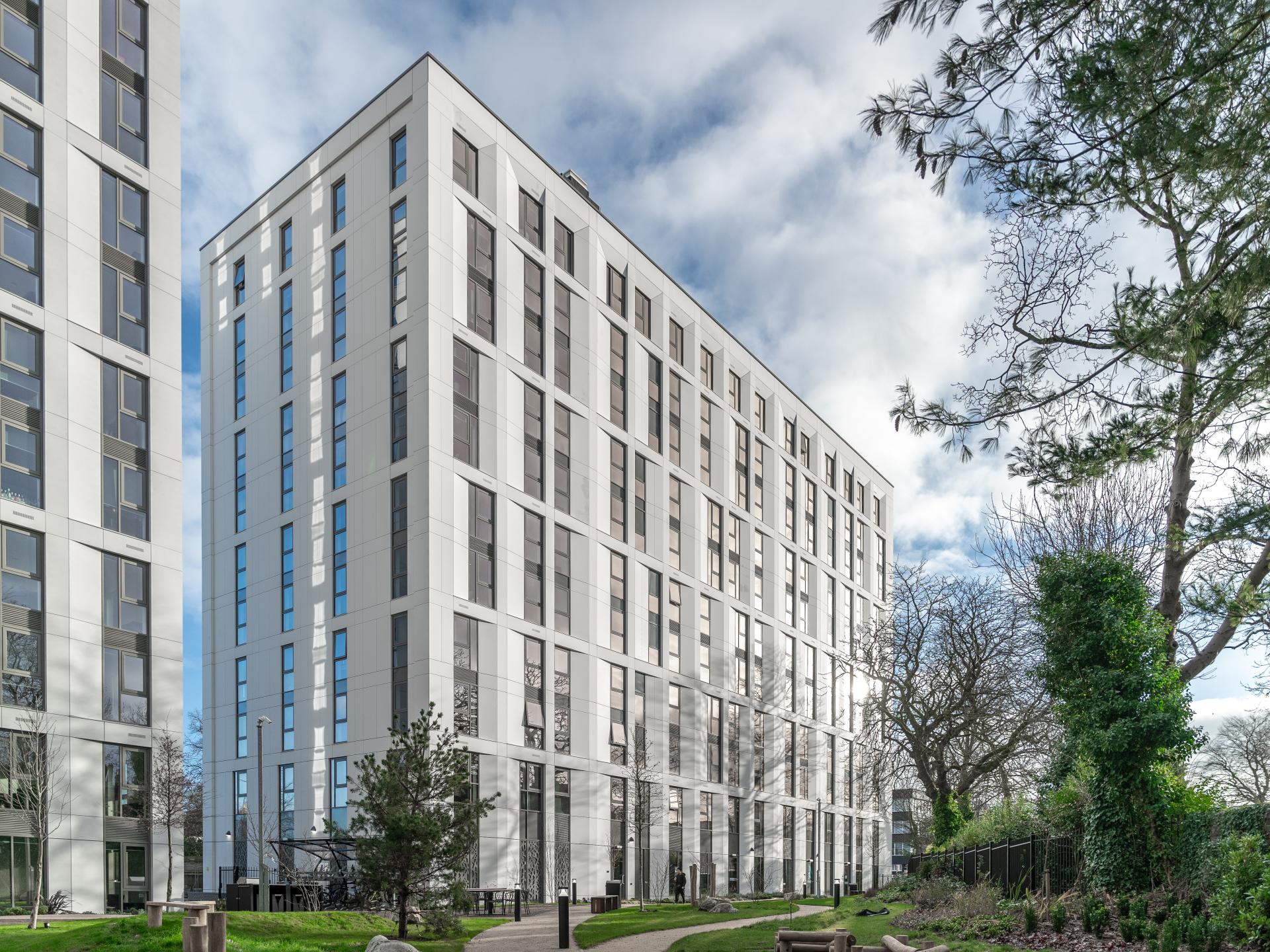 A faceted SureClad® SureStone® façade from Shackerley at New Garden Square.