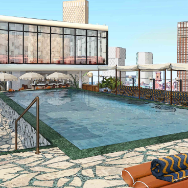 Soho House Manchester rooftop pool area featuring a luxurious pool with seating and views of the city skyline.