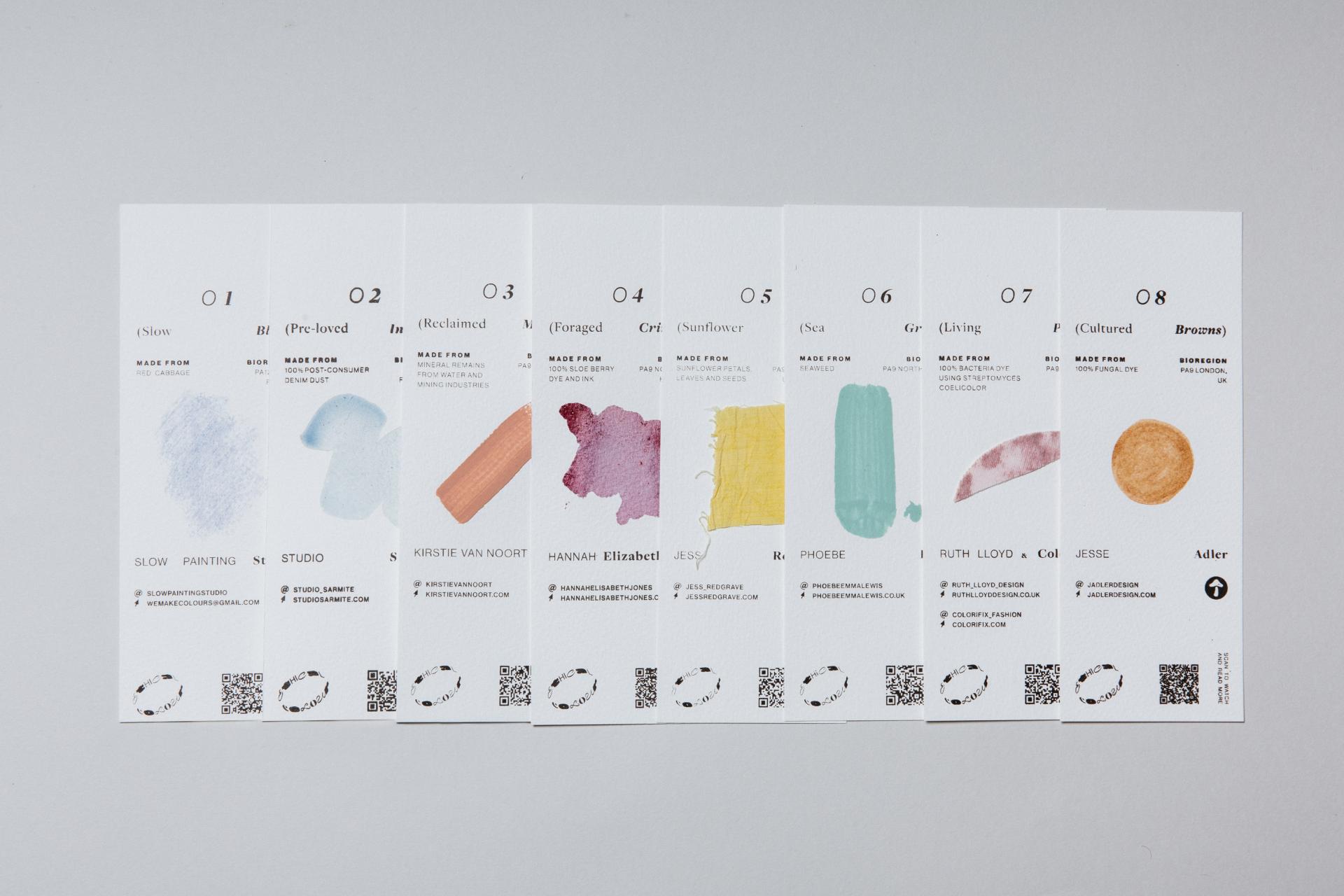 Color swatches and descriptions showcasing eco-friendly materials and dyes, illustrating sustainable practices in circular design.