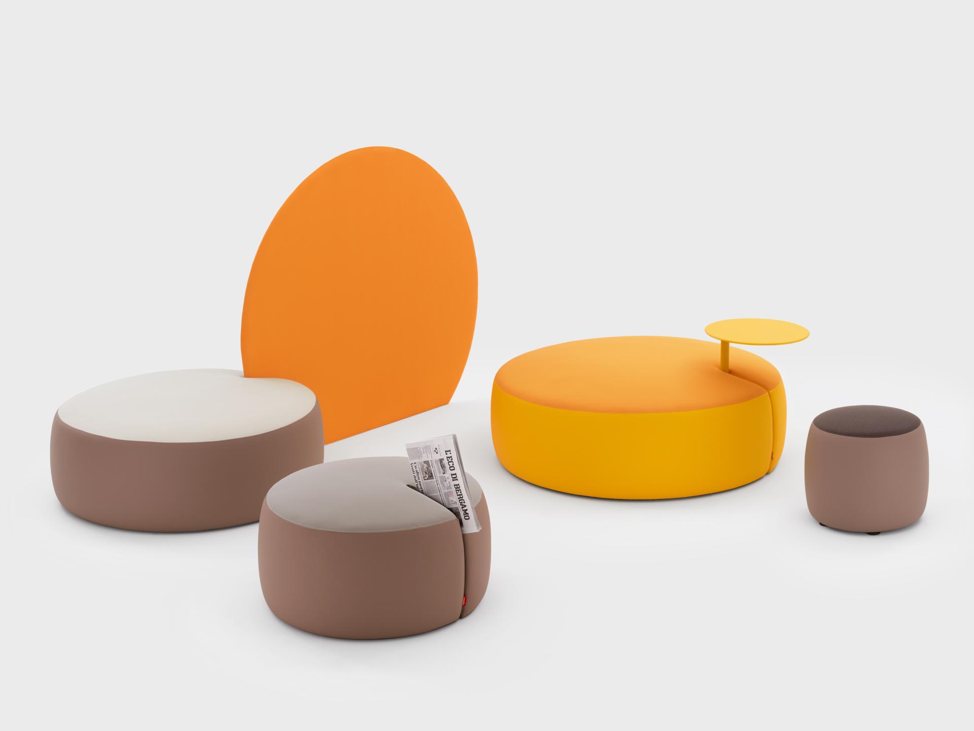 Modern colorful seating collection by VIGANÒ & C., showcasing innovative designs and playful shapes perfect for contemporary interiors.