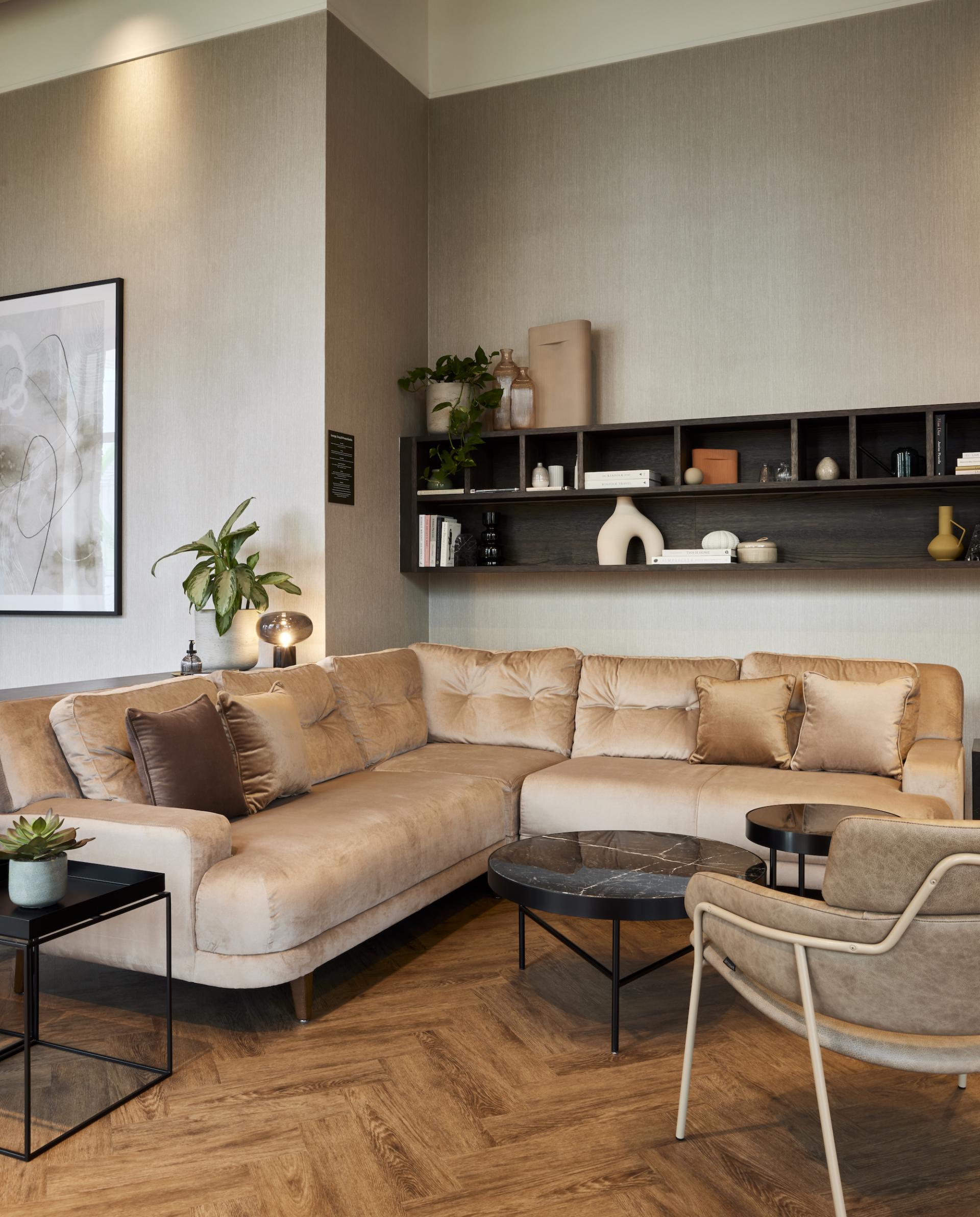 Modern residential amenity space featuring a cozy lounge area with plush seating, stylish decor, and indoor plants.