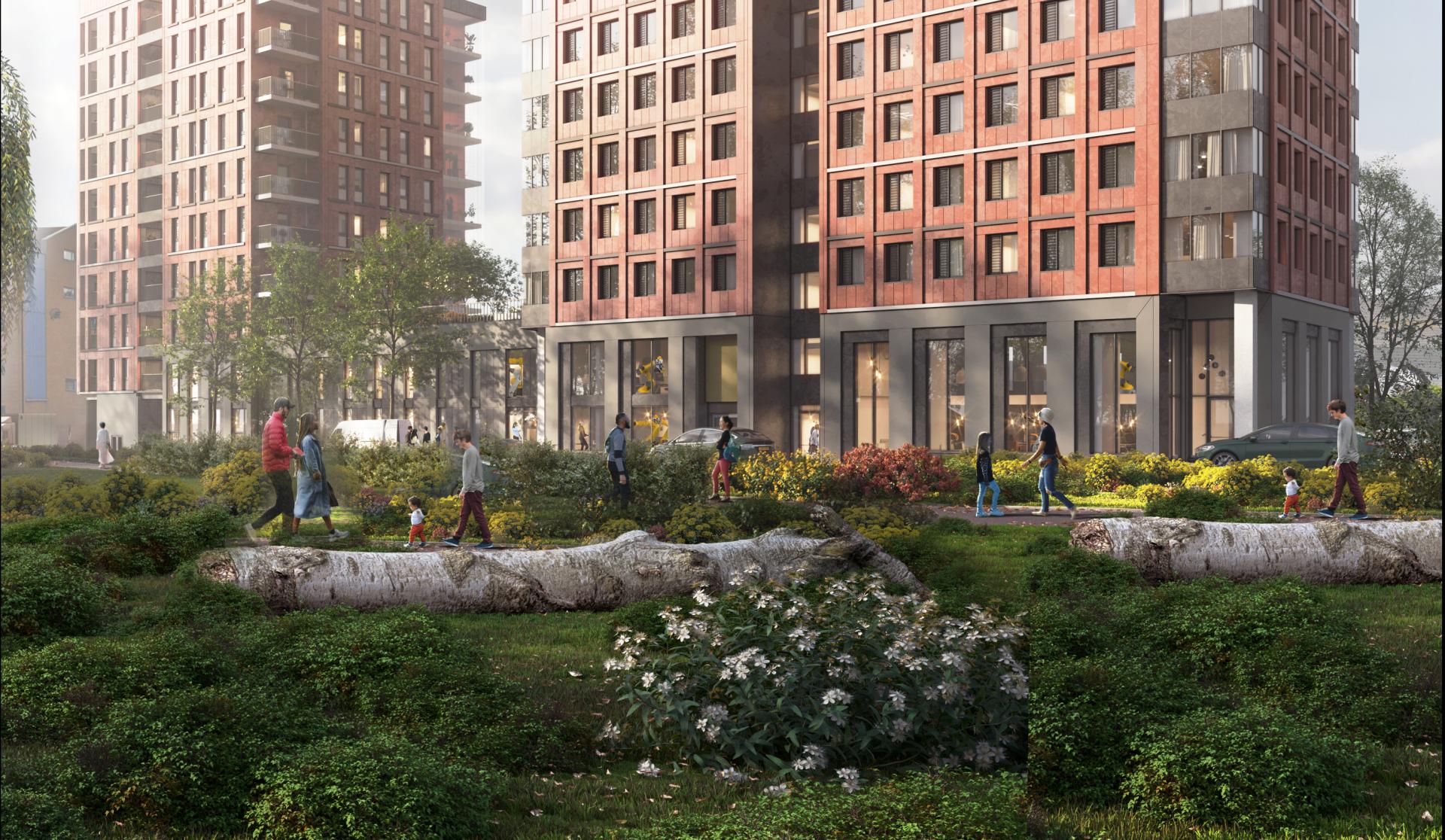 Modern urban landscape featuring families walking through a green park with residential buildings in the background.