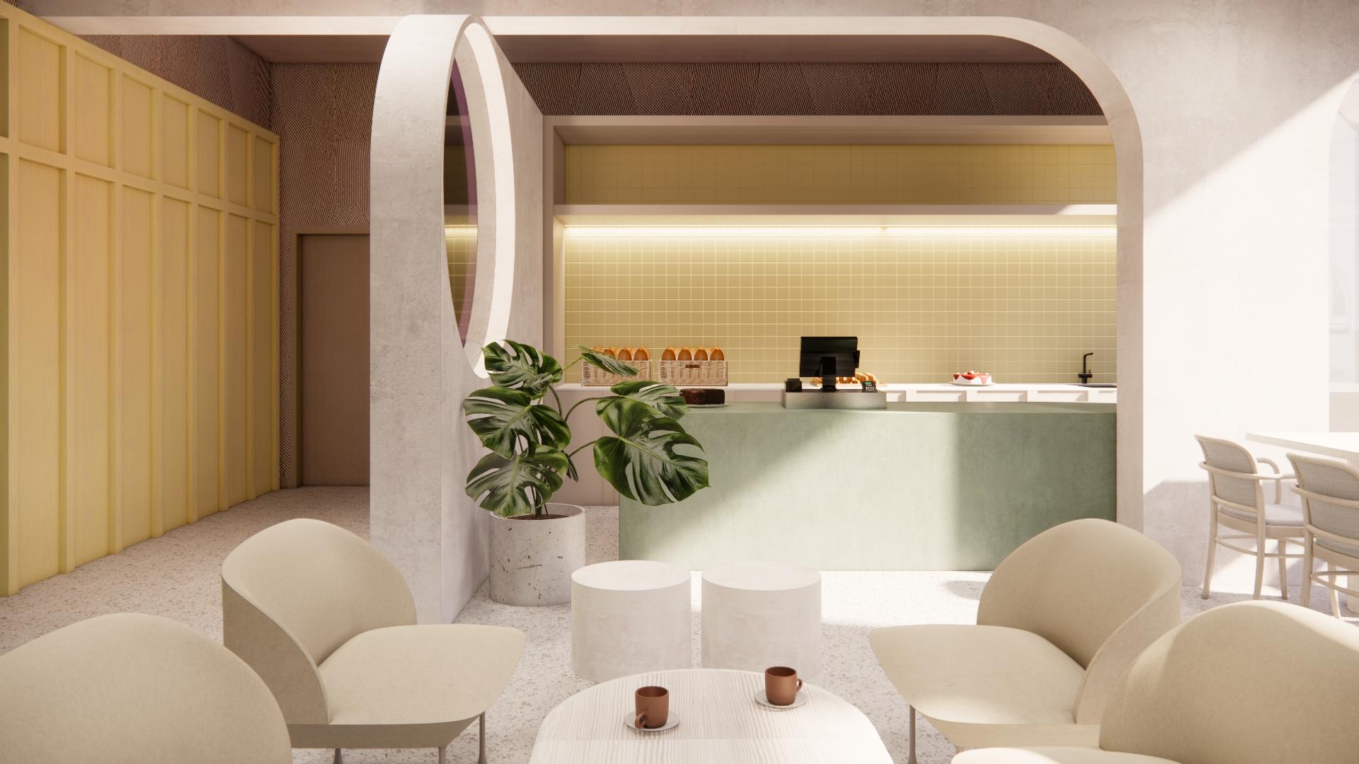 Modern co-living space featuring a stylish kitchenette, seating area with plants, and inviting design elements.