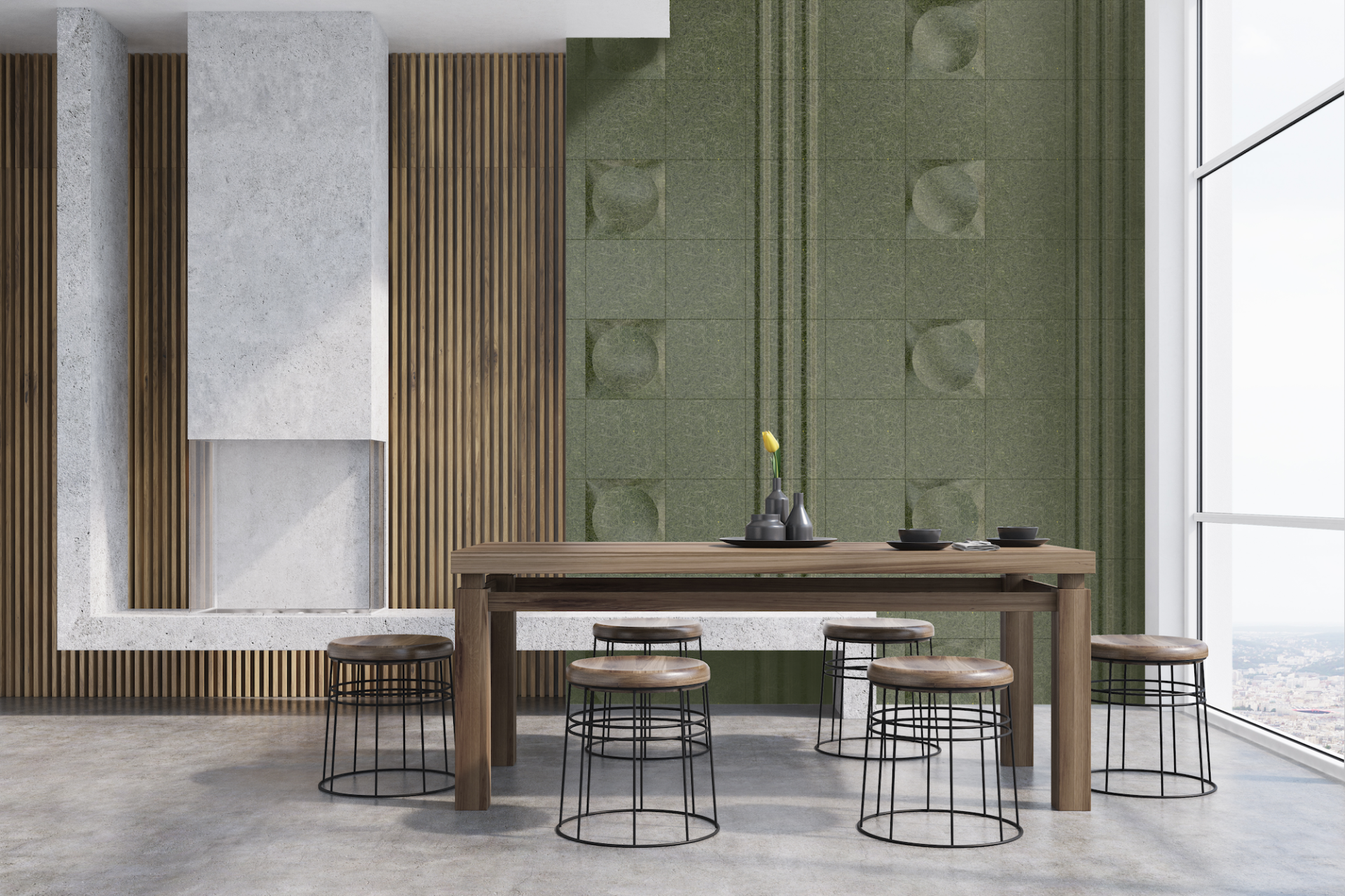 Modern dining area featuring sustainable biomaterials, wood accents, and green textured wall for innovative design.