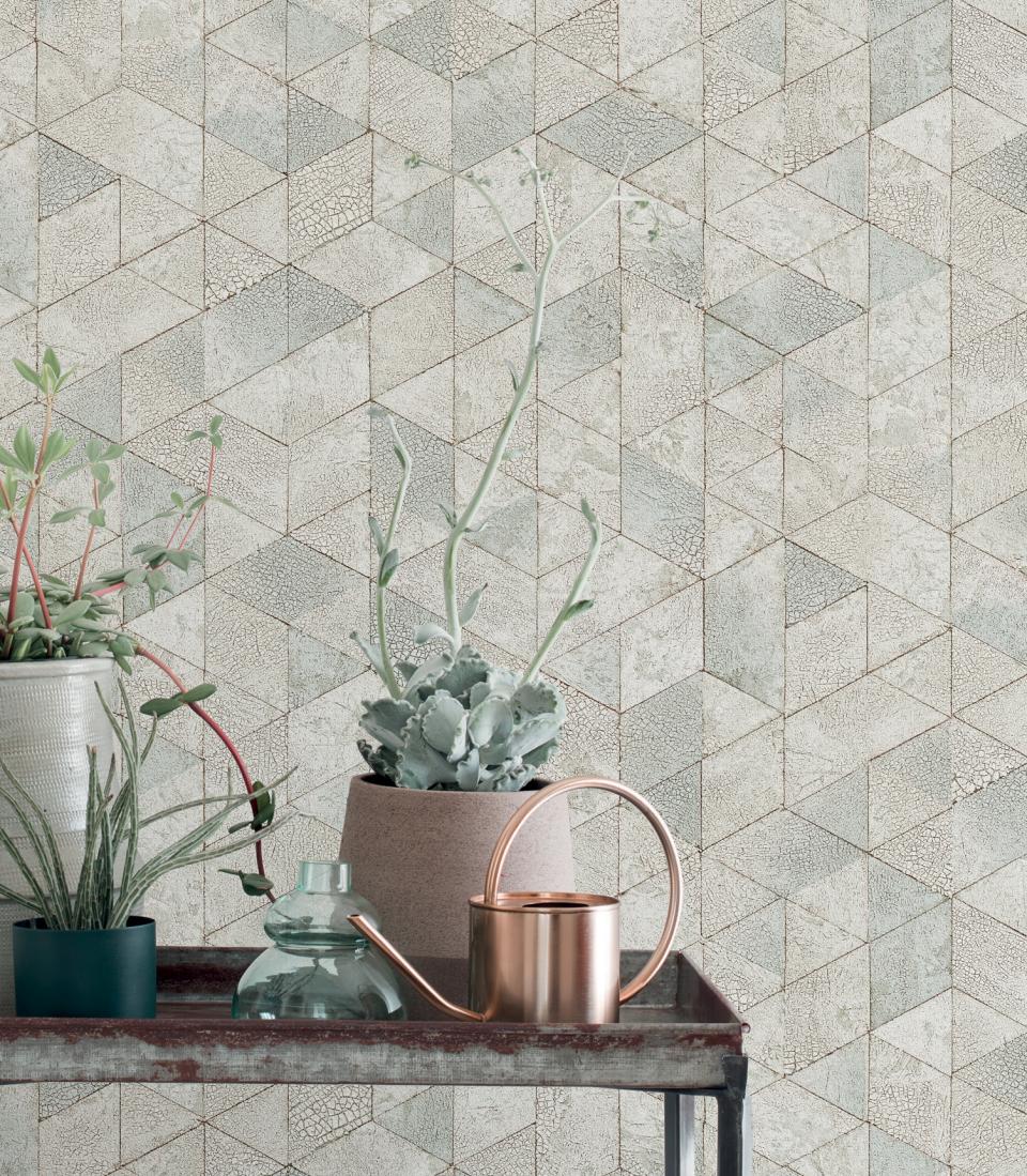 Stylish indoor setting featuring Tektura's geometric wallcovering with potted plants and a modern watering can.