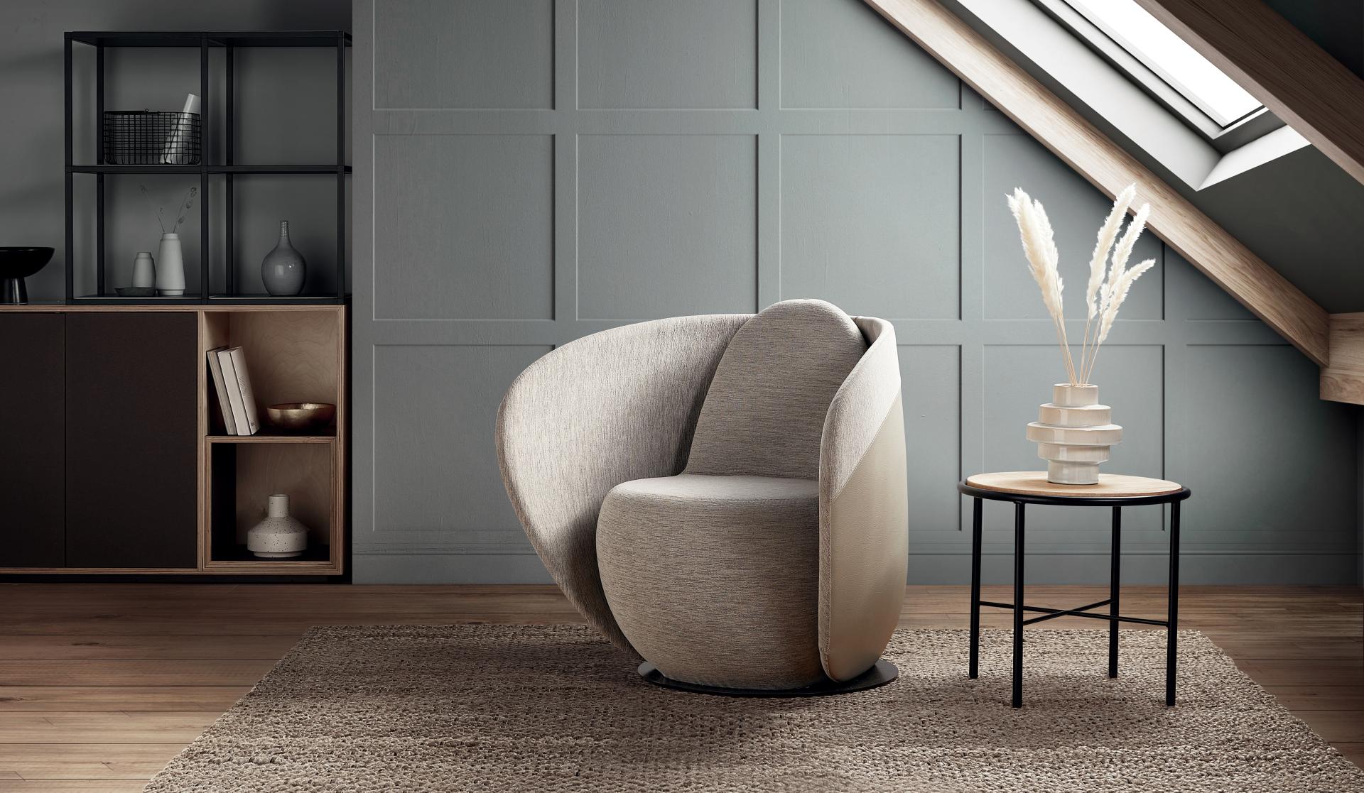 Rounded cocoon chair from Gresham's Relo collection, designed for calming workspaces, against a soft-colored wall with decor.