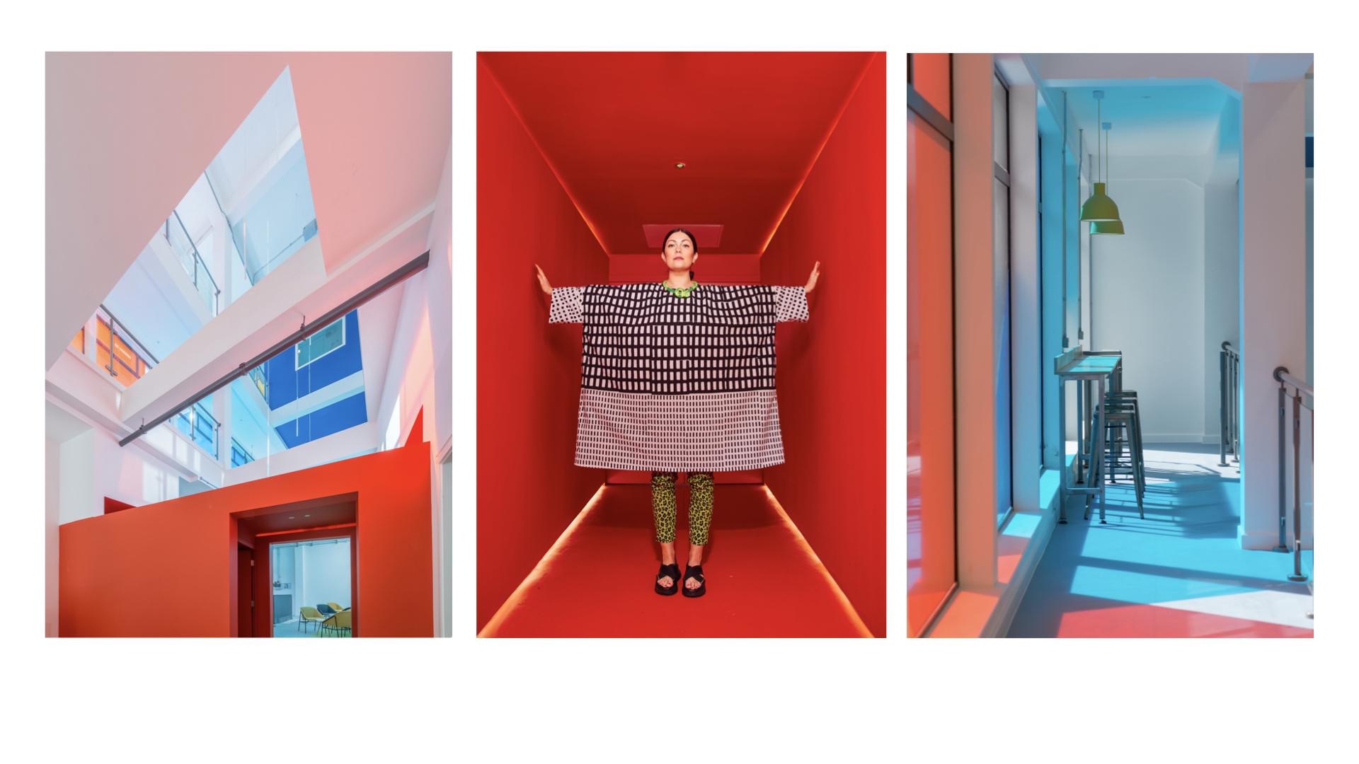 Vibrant interior space featuring creative design, a model in striking attire, and colorful lighting, showcasing community and artistic expression.