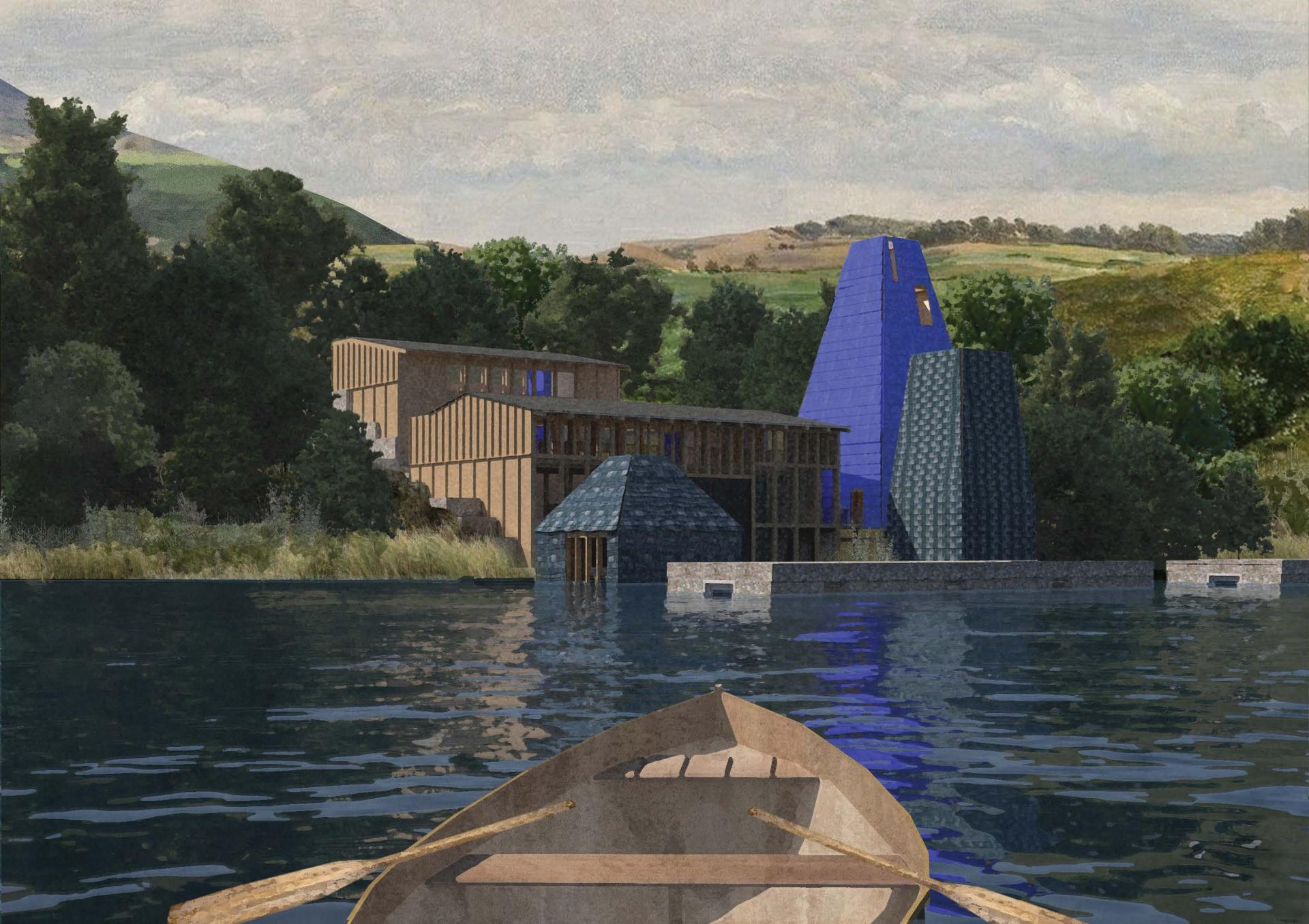 Architectural rendering of innovative buildings by Manchester School of Architecture set against a serene water backdrop.