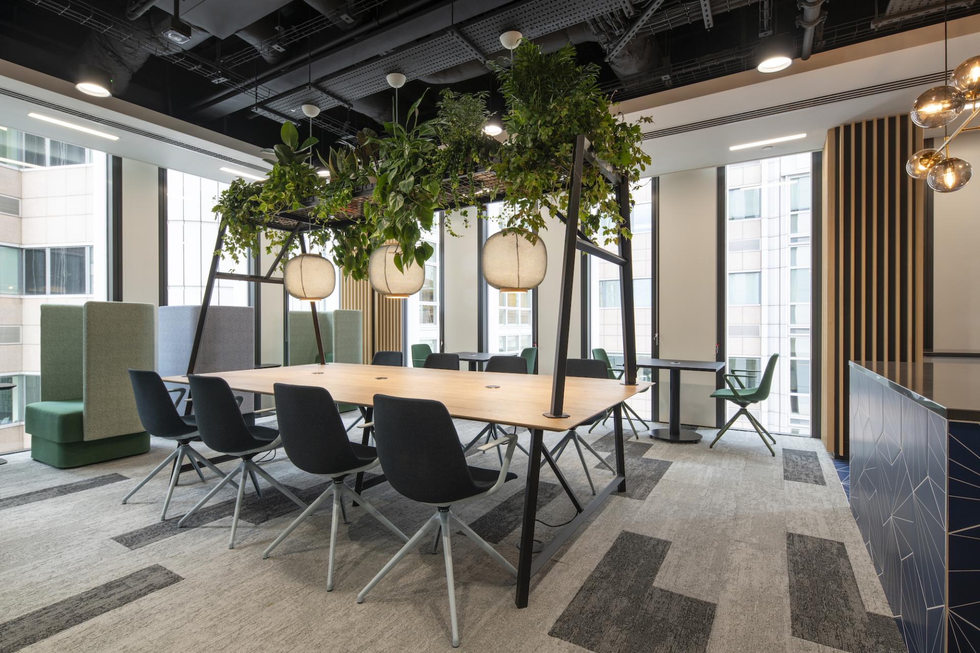 Stylish workplace design featuring a wooden table, black chairs, and hanging plants, highlighting modern, data-driven office aesthetics.