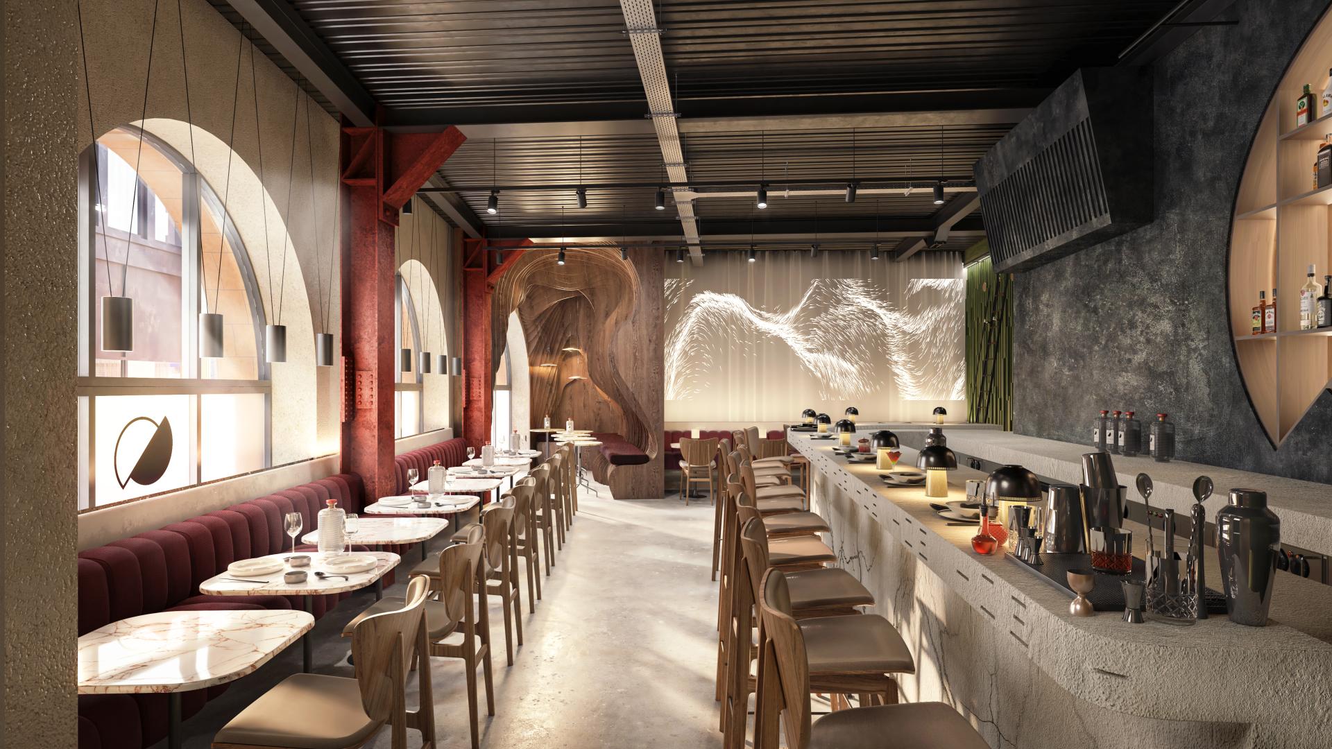 Modern interior design of a stylish café featuring sleek tables, wooden seating, and artistic decor by Scene Interiors.