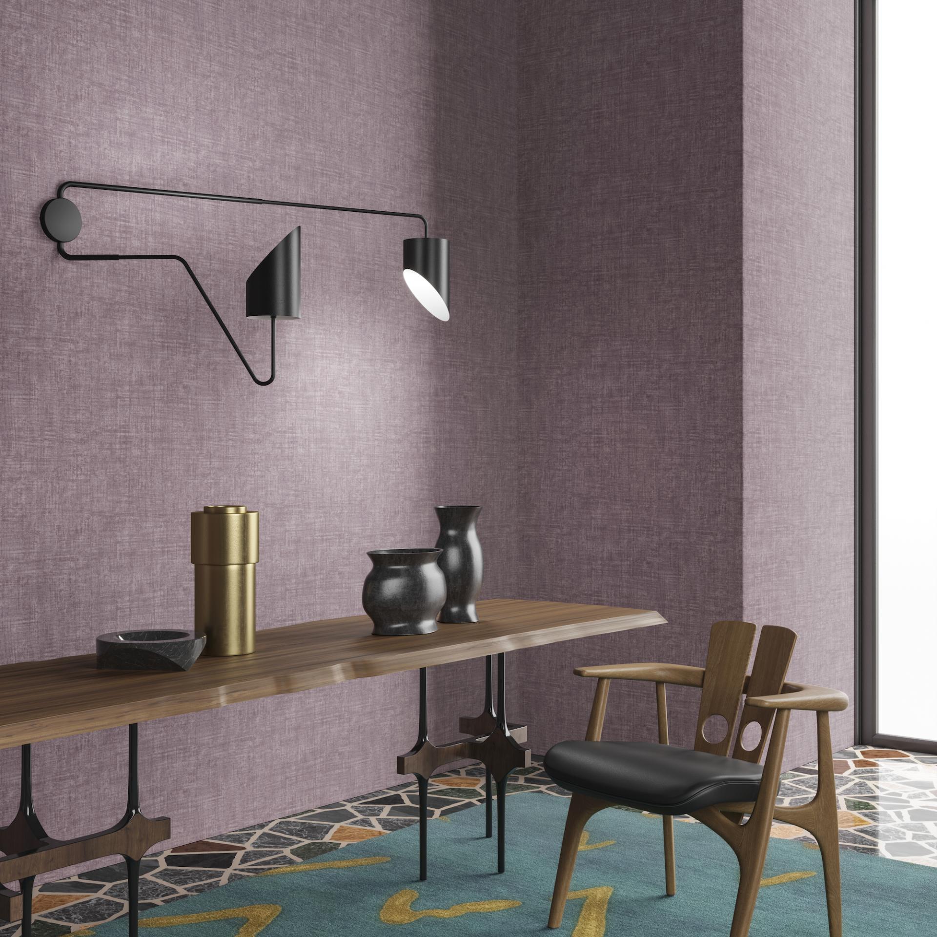 Stylish interior featuring Arte's Washed Linen wallpaper, elegant décor, and autumn-inspired color palette.