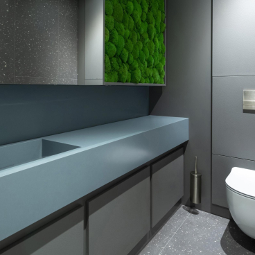 Modern commercial washroom featuring sleek design elements, a minimalist sink, and a green moss wall for wellness.