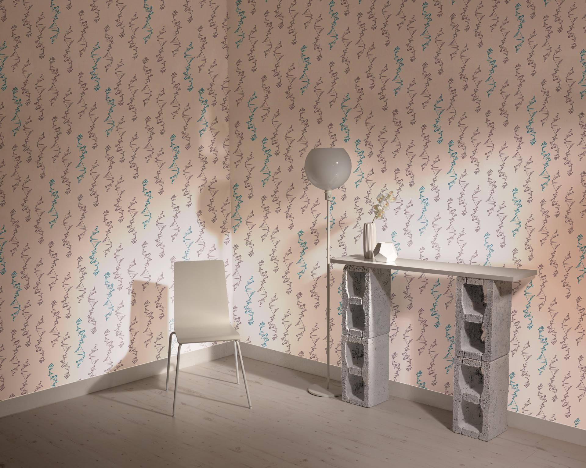 Bespoke Moody Monday wallpaper in a bright room featuring a minimalist chair and a modern console table.