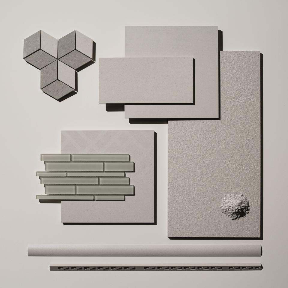 A collection of modern tile samples in neutral tones, showcasing PARKSIDE's innovative collaboration with dynamic manufacturers.