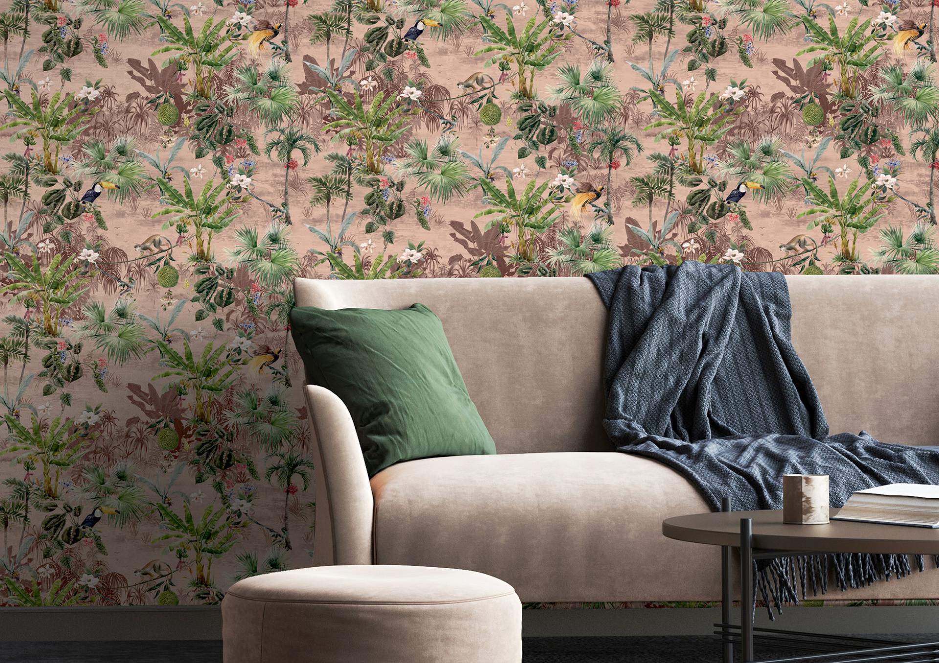 Vivid nature-inspired wallcovering featuring tropical plants and birds, complementing a stylish living room setup.