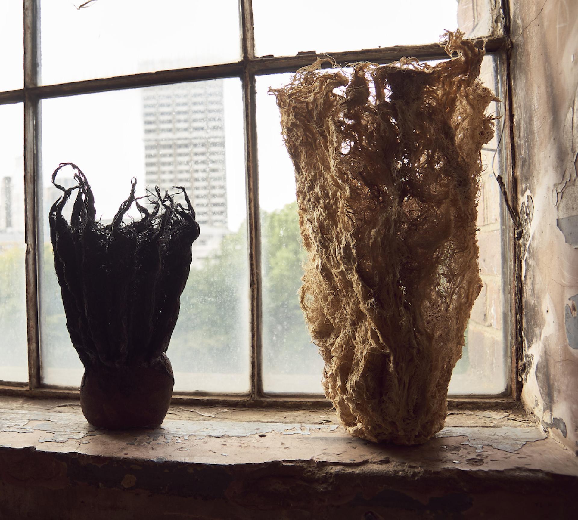 Sustainable biomaterials crafted into unique sculptural forms displayed by a window, highlighting innovative design at LDF22.