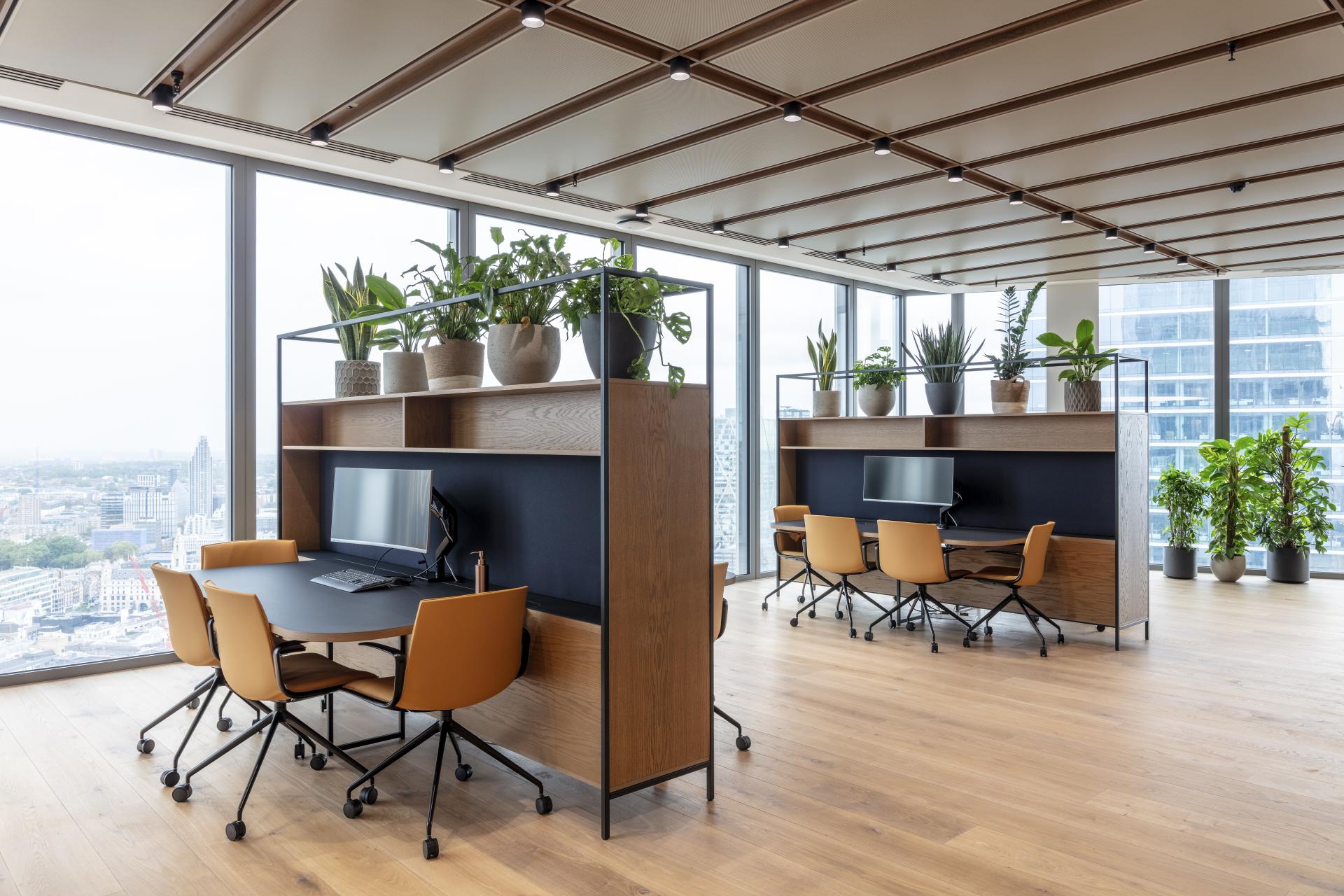 Modern office space at Canopius featuring workstations with plants, natural light, and stylish furniture in London.