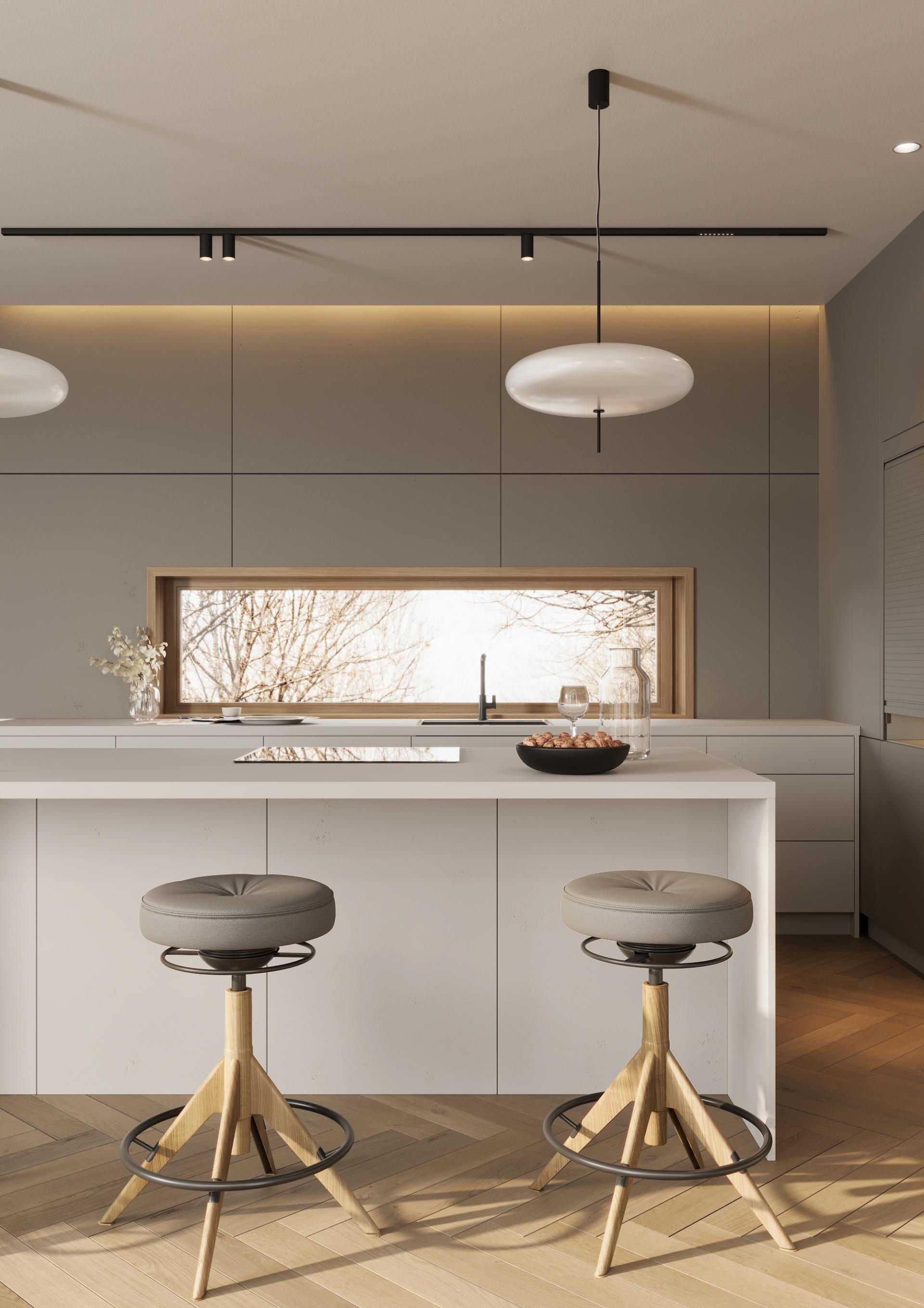 Modern kitchen featuring REHAU's RAUVISIO Cube collection with concrete texture, sleek bar stools, and large window for natural light.