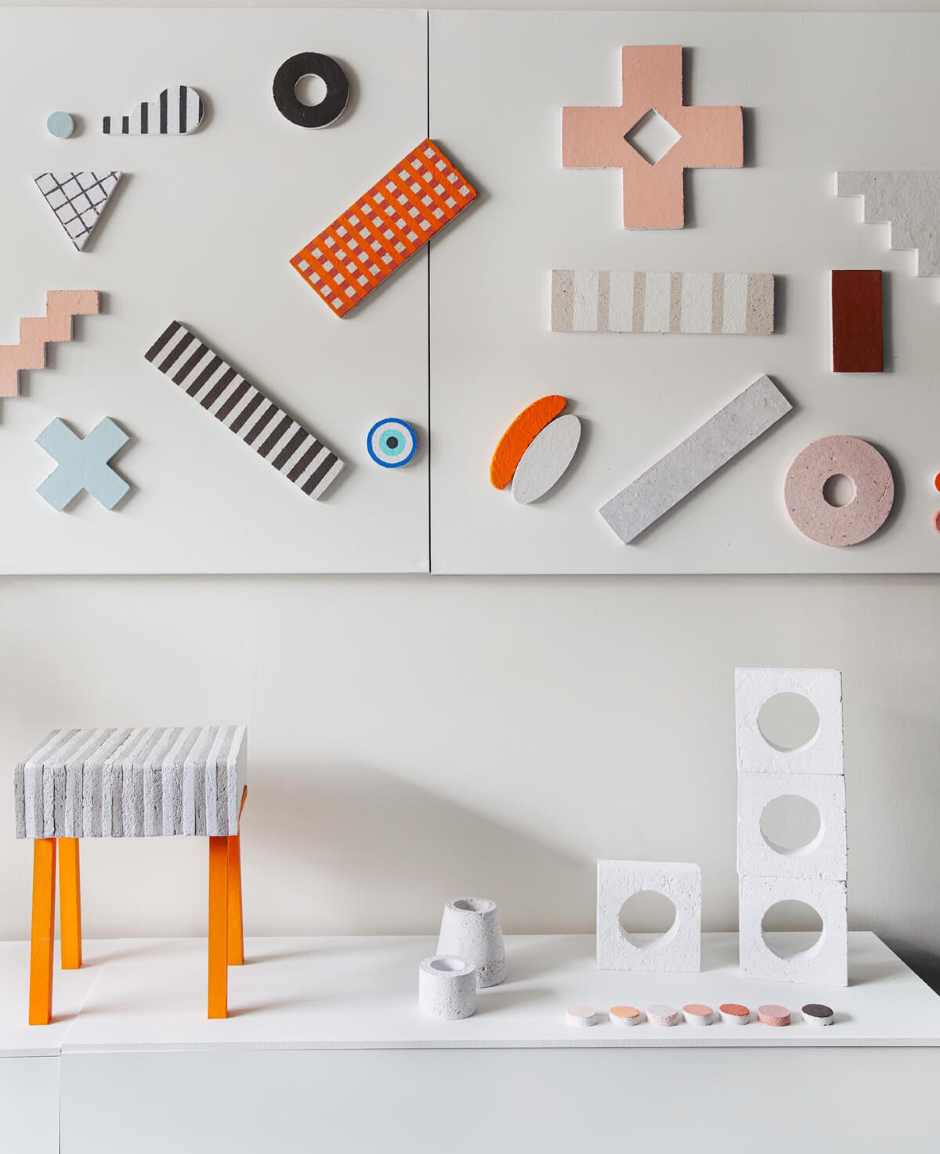 Colorful abstract shapes and textured designs by Dear Human, featuring innovative materials and a modern aesthetic.