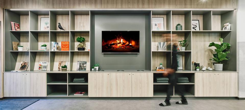 Modern student living area at The Tannery, featuring a stylish shelf, TV, and decorative plants.