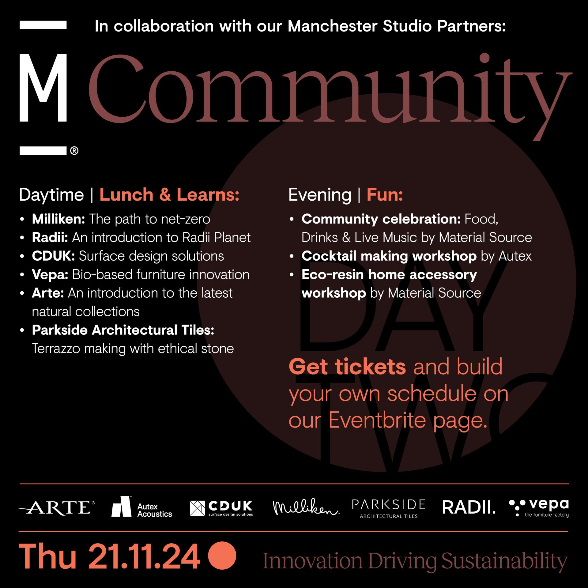 Festival schedule for Community event, showcasing workshops, culinary experiences, and sustainability discussions at Material Source Studio Manchester.