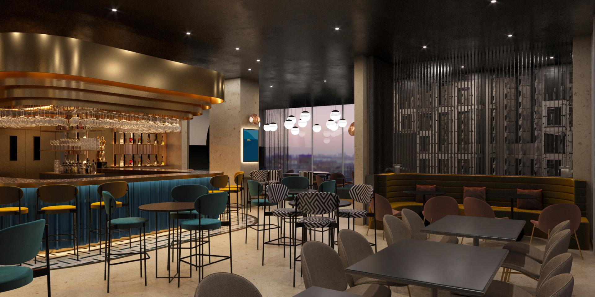 Stylish interior of the Tribe hotel bar in Malta, featuring modern seating, a sleek bar, and ambient lighting.