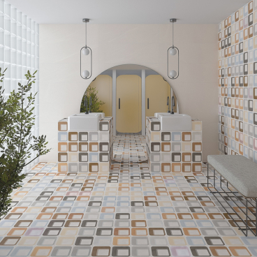 Contemporary bathroom featuring colorful patterned tiles, stylish sinks, and modern lighting, highlighting Tile of Spain's design trends.