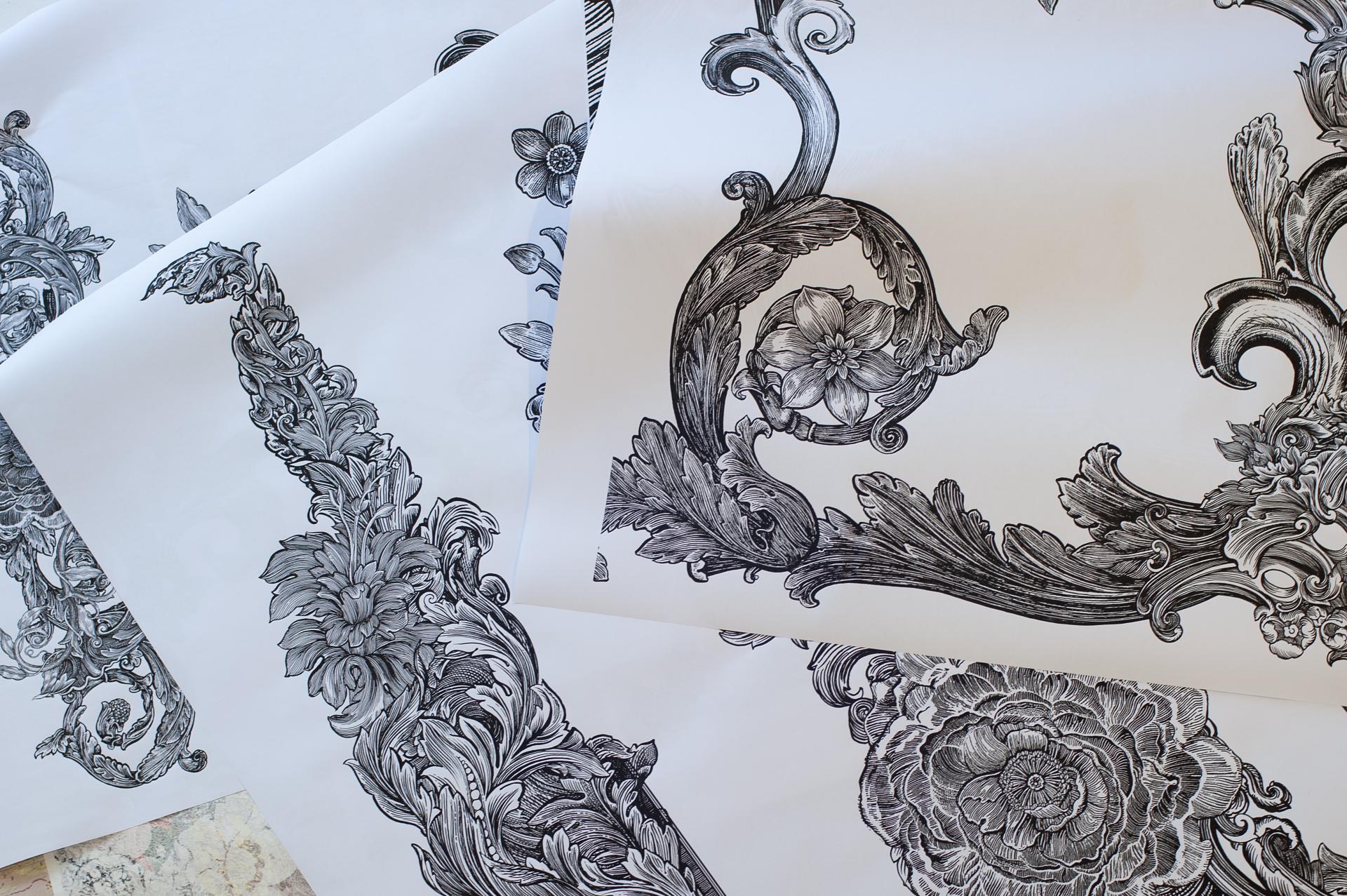 Intricate black and white floral designs on paper, showcasing unique patterns for the Dundee Design Festival 2024 exhibition.