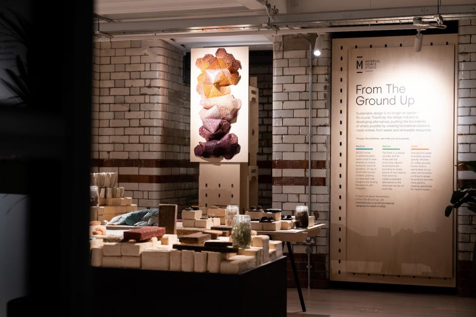 Exhibition display featuring sustainable materials and informative signage for the From The Ground Up event at the gallery.