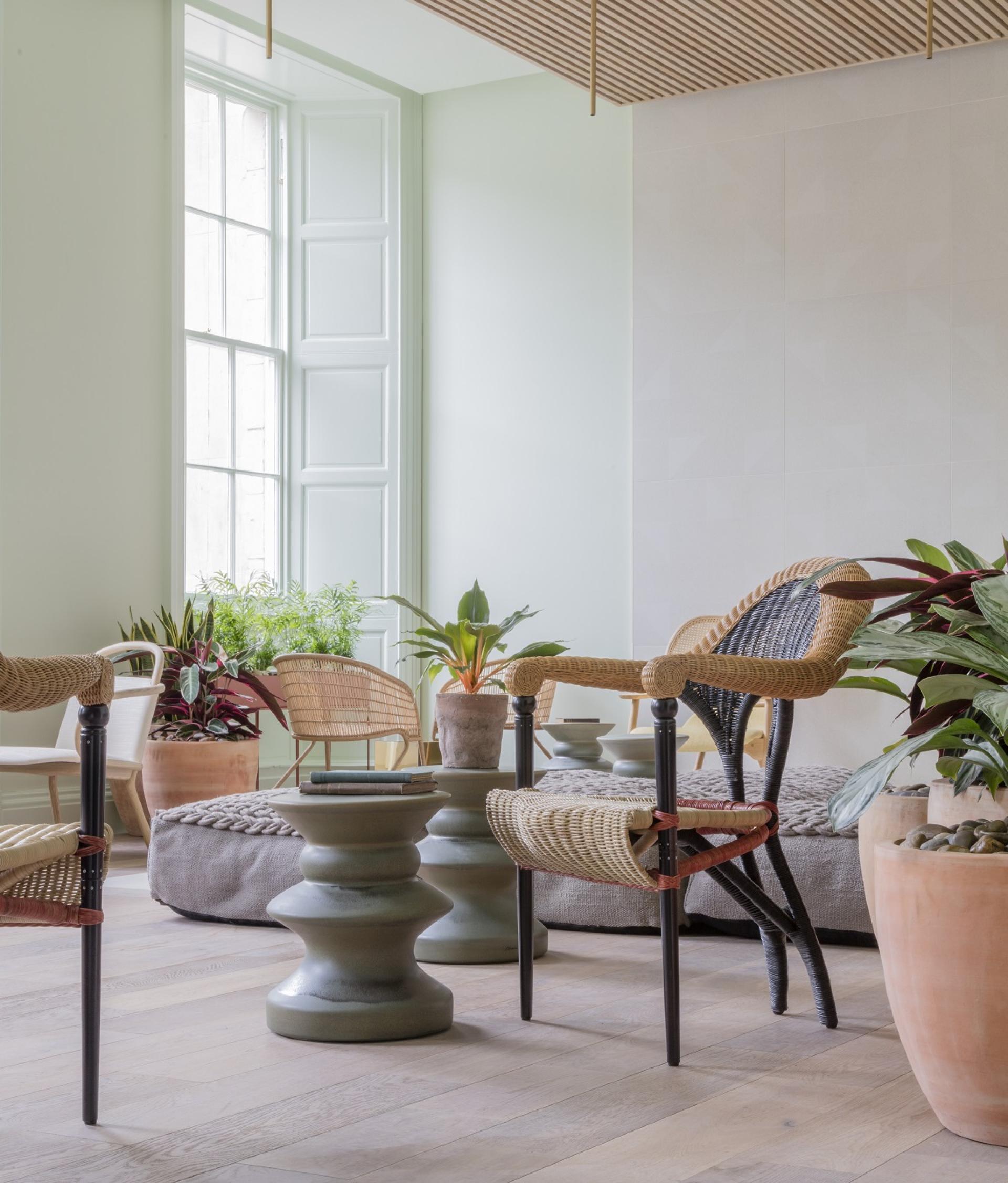 Stylish interior of Eden Locke featuring Smoked Oak flooring, modern furniture, and lush indoor plants in Edinburgh.