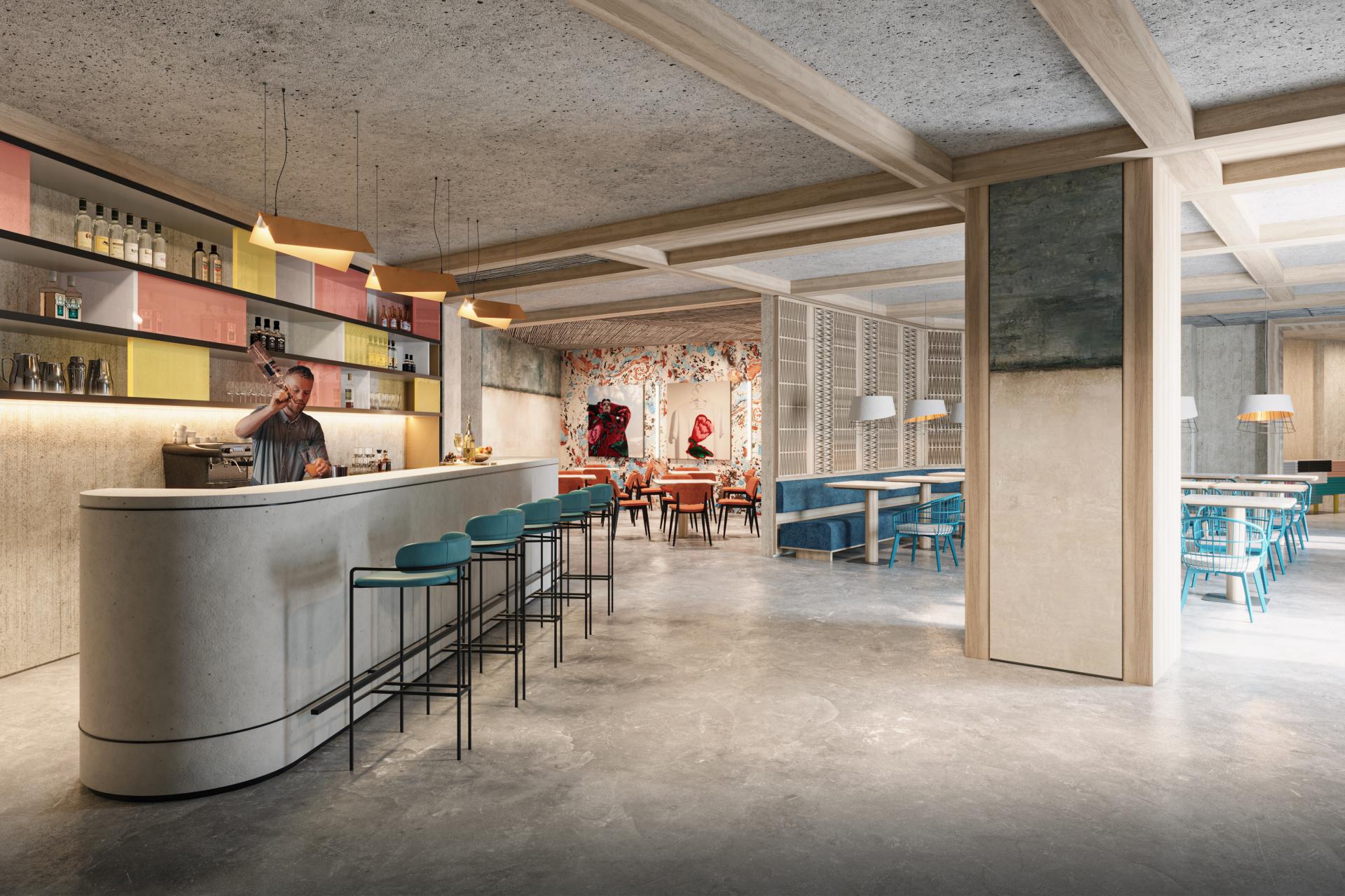 Modern interior design of a stylish bar area featuring vibrant decor and a bartender at work.