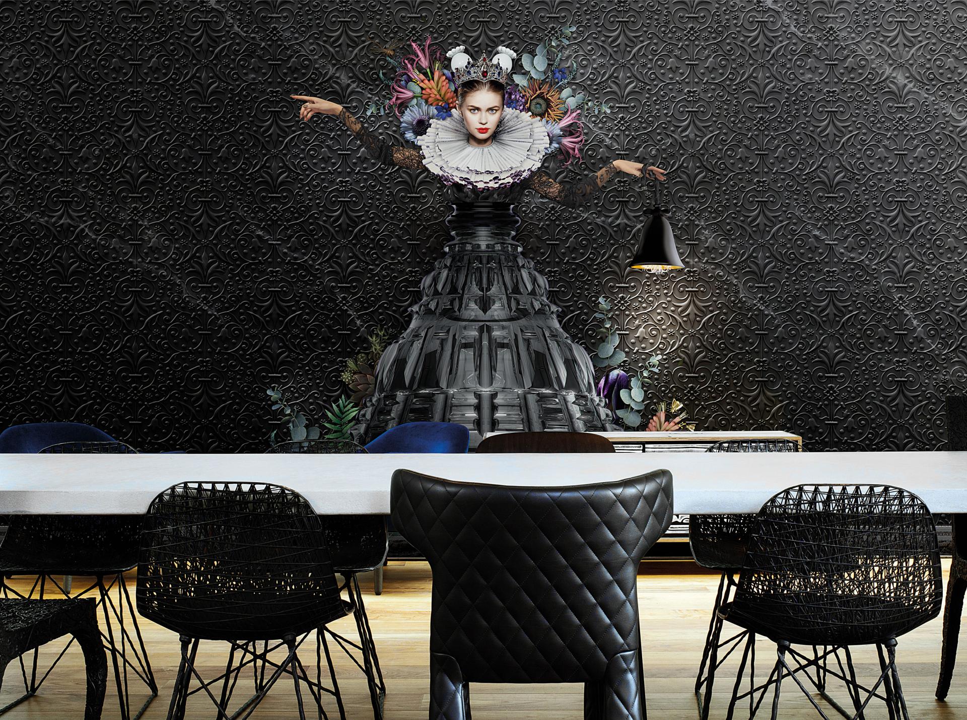 Innovative Marcel Wanders wallpaper featuring a striking black and floral design in a modern dining room setting.