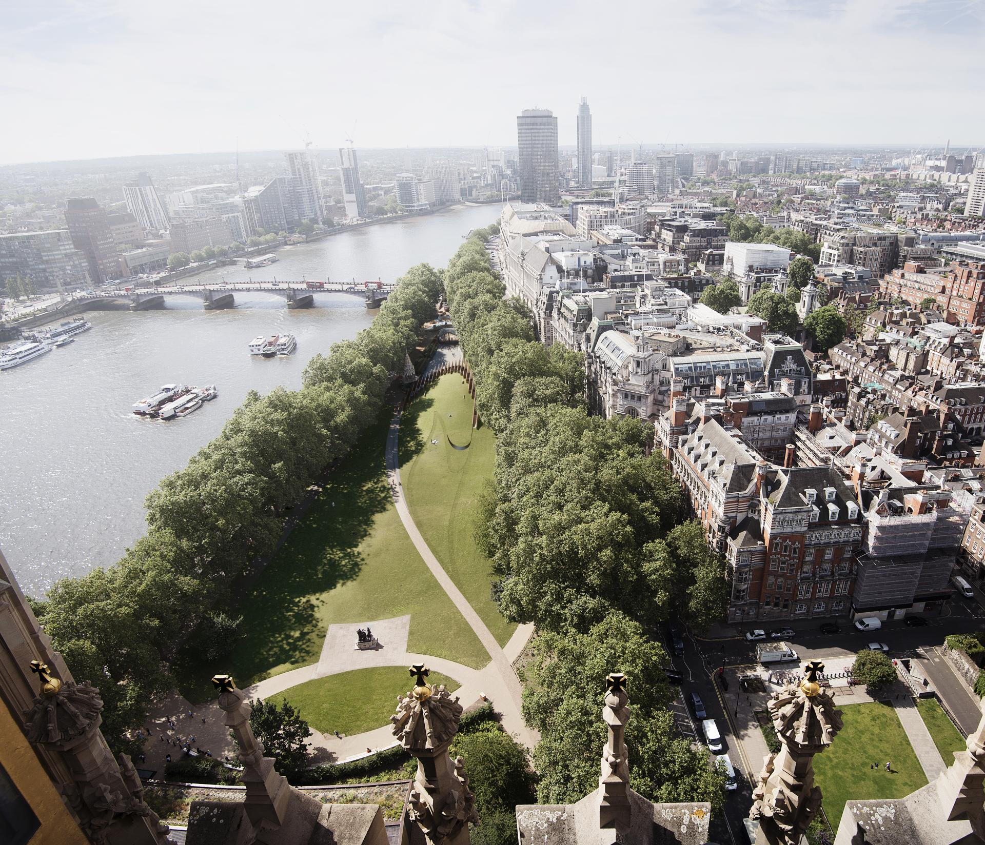 Aerial view of the River Thames, showcasing city buildings and green park spaces, representing contemporary memorials in urban design.