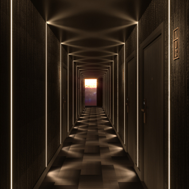 Modern hotel corridor featuring sleek design, ambient lighting, and doors leading to guest rooms at a Tribe hotel in Malta.