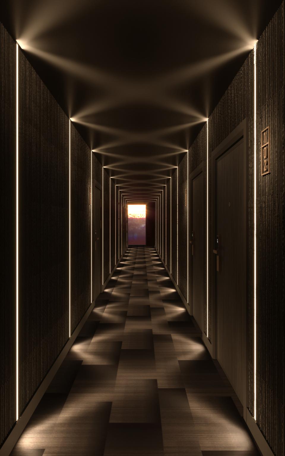 Modern hotel corridor featuring sleek design, ambient lighting, and doors leading to guest rooms at a Tribe hotel in Malta.